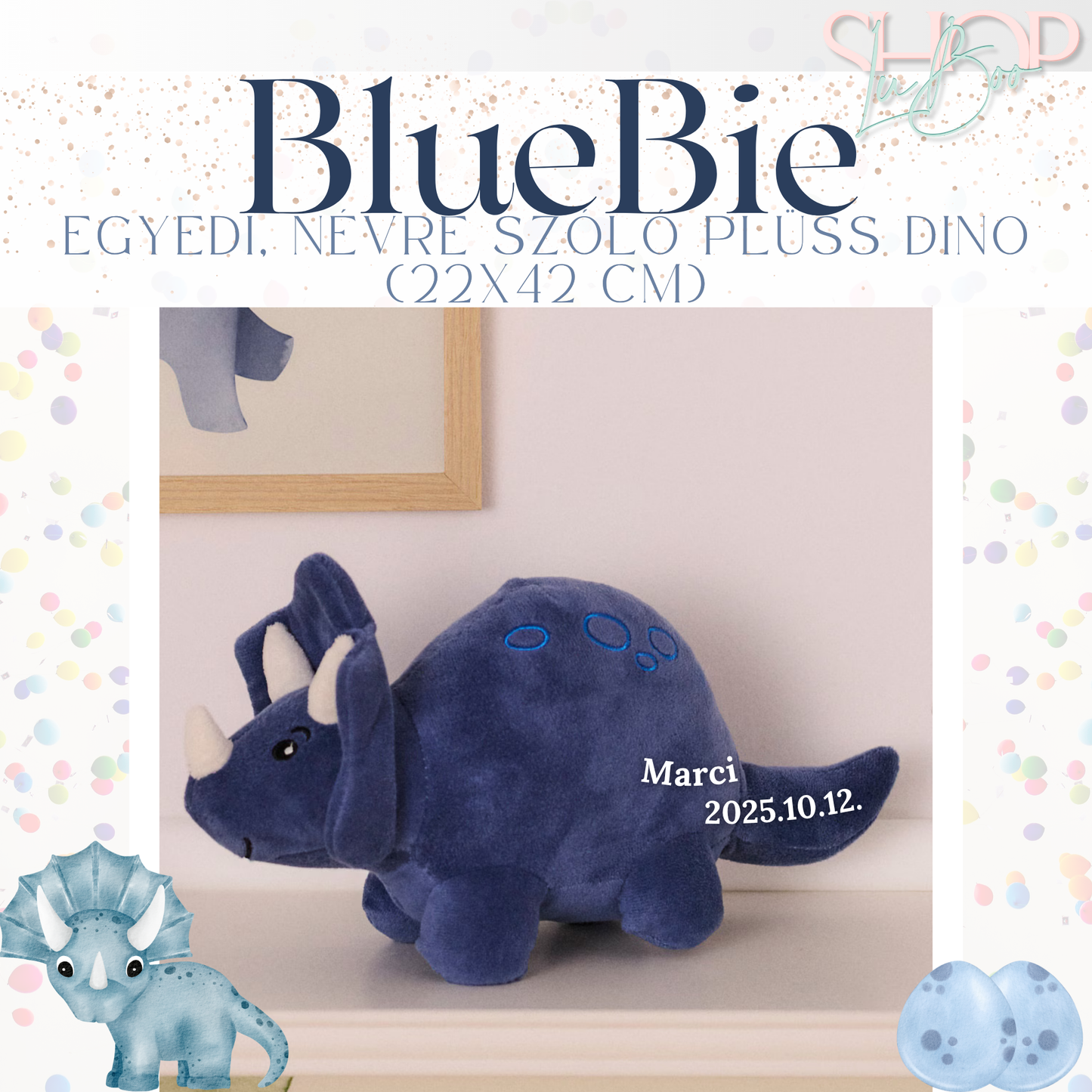 BlueBie - Egyedi, névre szóló plüss dino (22x42 cm)