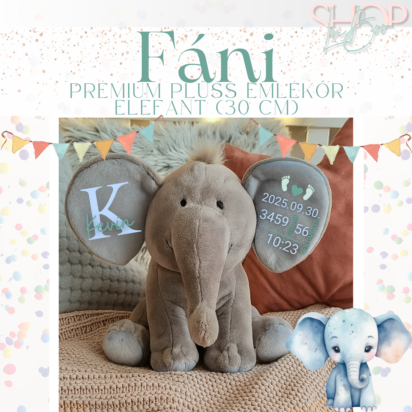 Fáni - Prémium plüss emlékőr elefánt (30 cm)