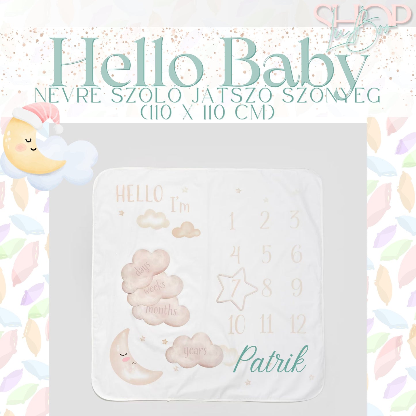 Hello Baby - Névre szóló mérföldkő szőnyeg (110 x 110 cm)