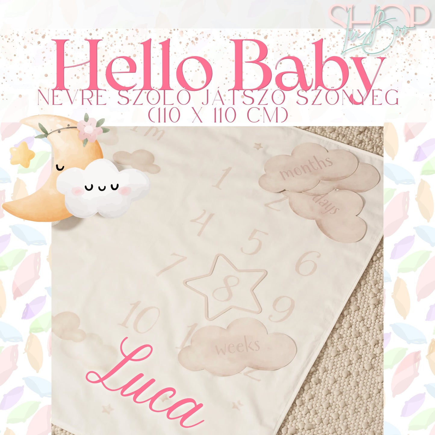 Hello Baby - Névre szóló mérföldkő szőnyeg (110 x 110 cm)