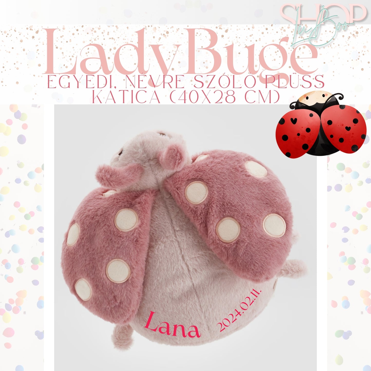 LadyBuge - Névre szóló plüss katica (40x28 cm)