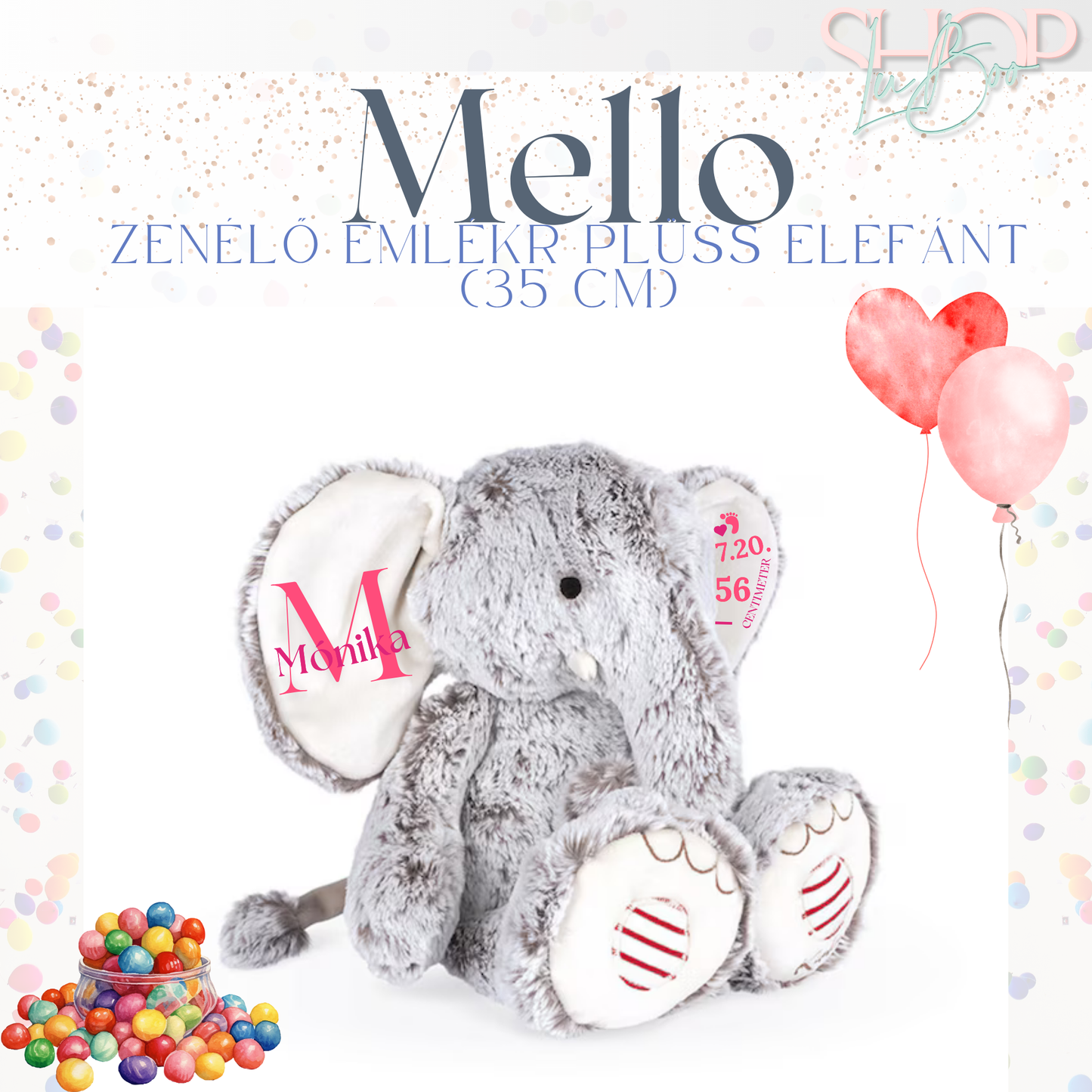 Mello - Zenélő emlékr plüss elefánt (35 cm)