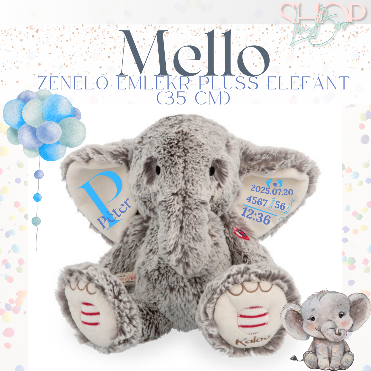 Mello - Zenélő emlékr plüss elefánt (35 cm)