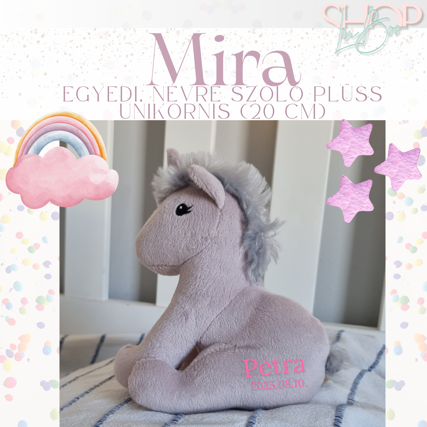 Mira- Egyedi, névre szóló prémium plüss unikornis (20 cm)
