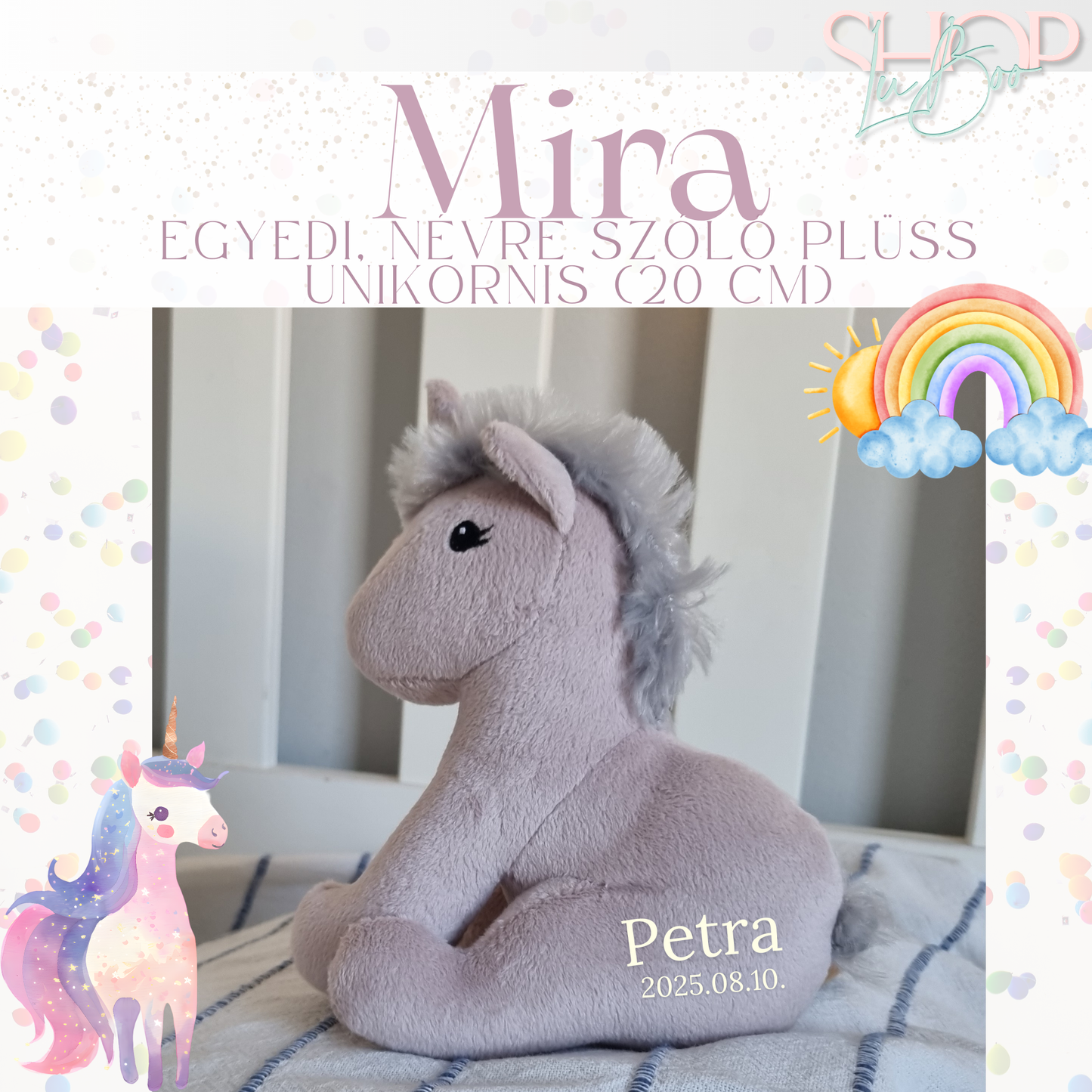 Mira- Egyedi, névre szóló prémium plüss unikornis (20 cm)
