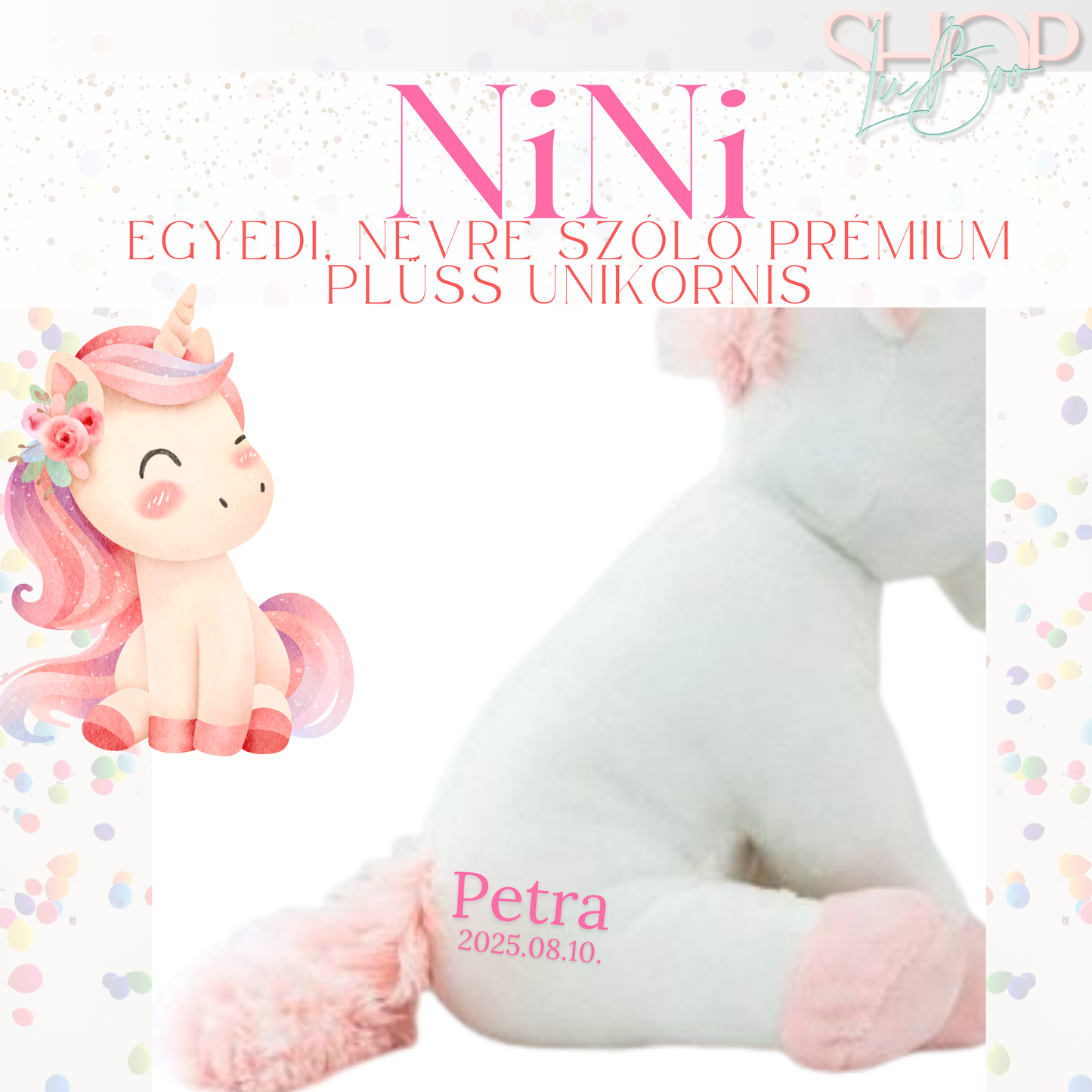 NiNi- Egyedi, névre szóló prémium plüss unikornis (22 cm)