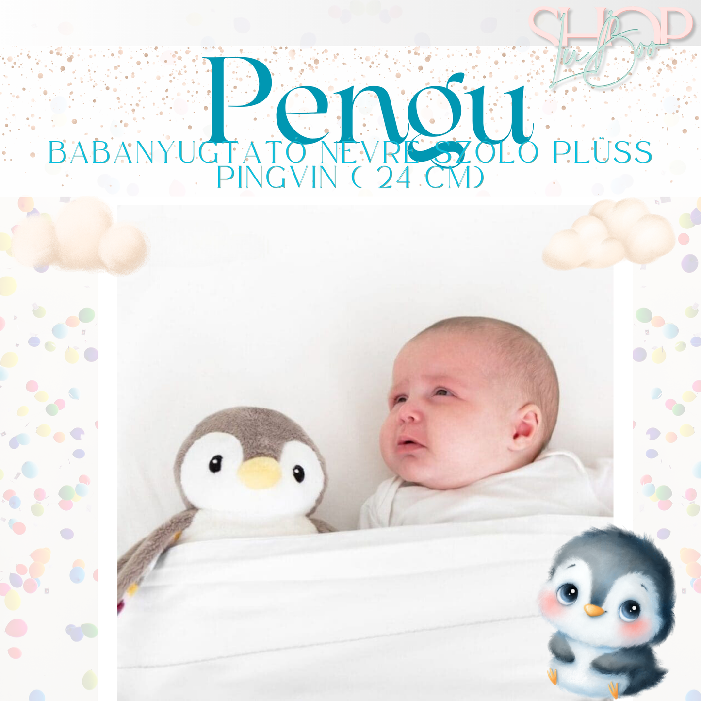 Pengu - Babanyugtató éjjeli fénnyel és zenélő névre szóló plüss pingvin (24 cm)