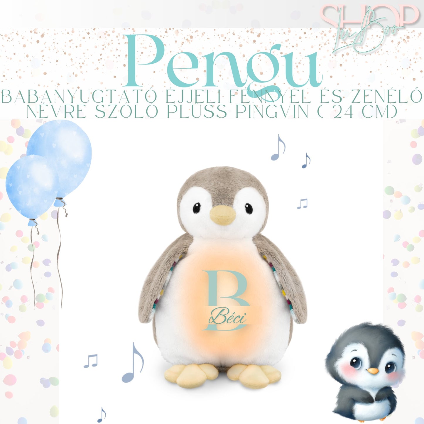 Pengu - Babanyugtató éjjeli fénnyel és zenélő névre szóló plüss pingvin (24 cm)