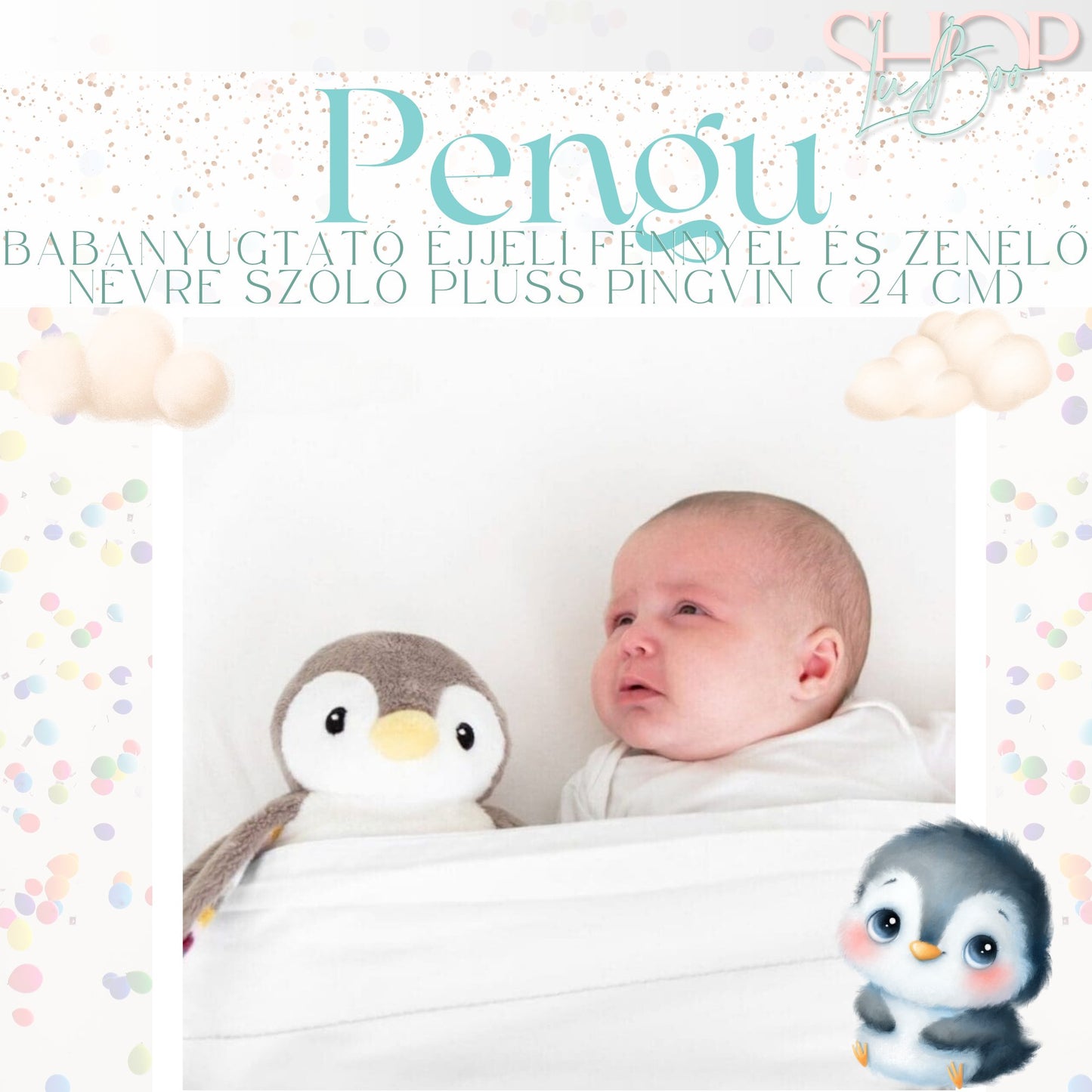 Pengu - Babanyugtató éjjeli fénnyel és zenélő névre szóló plüss pingvin (24 cm)