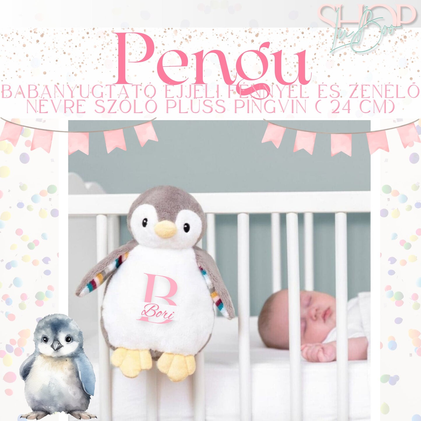 Pengu - Babanyugtató éjjeli fénnyel és zenélő névre szóló plüss pingvin (24 cm)
