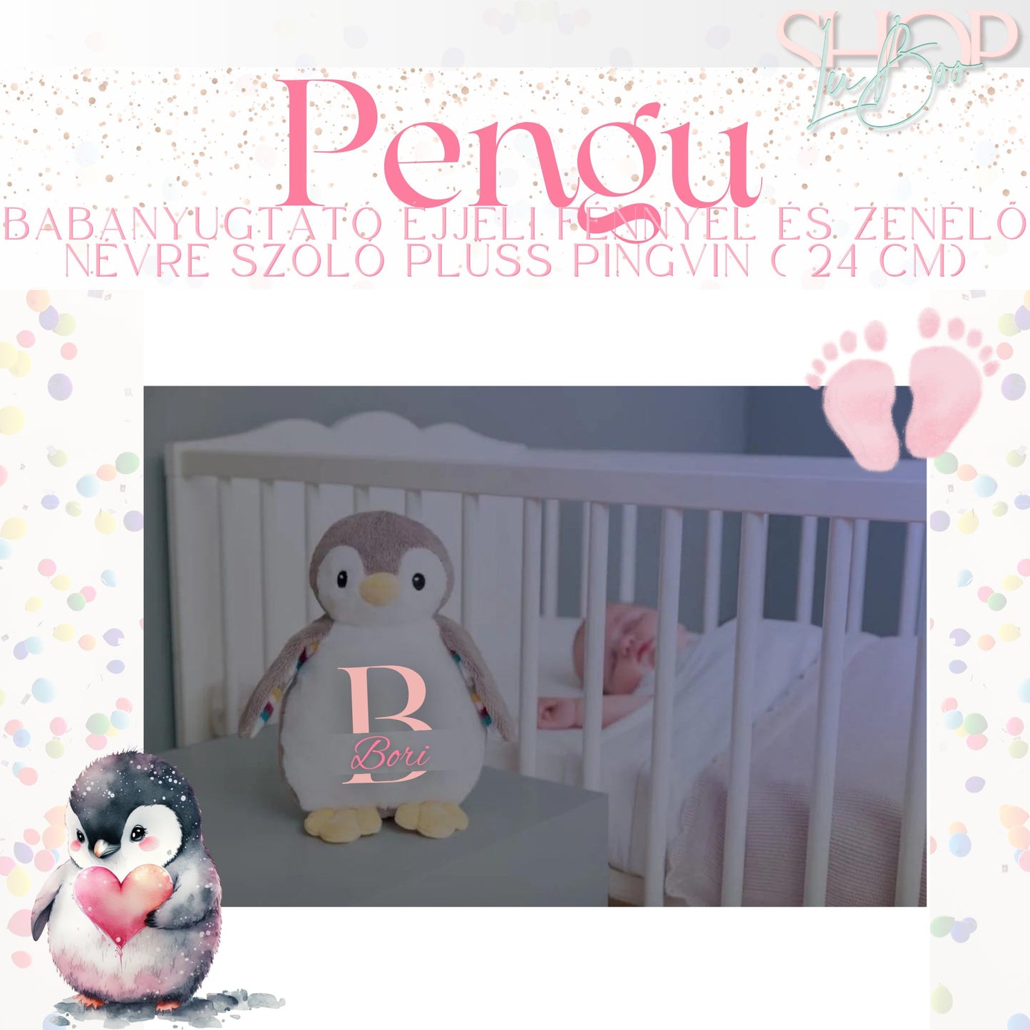 Pengu - Babanyugtató éjjeli fénnyel és zenélő névre szóló plüss pingvin (24 cm)