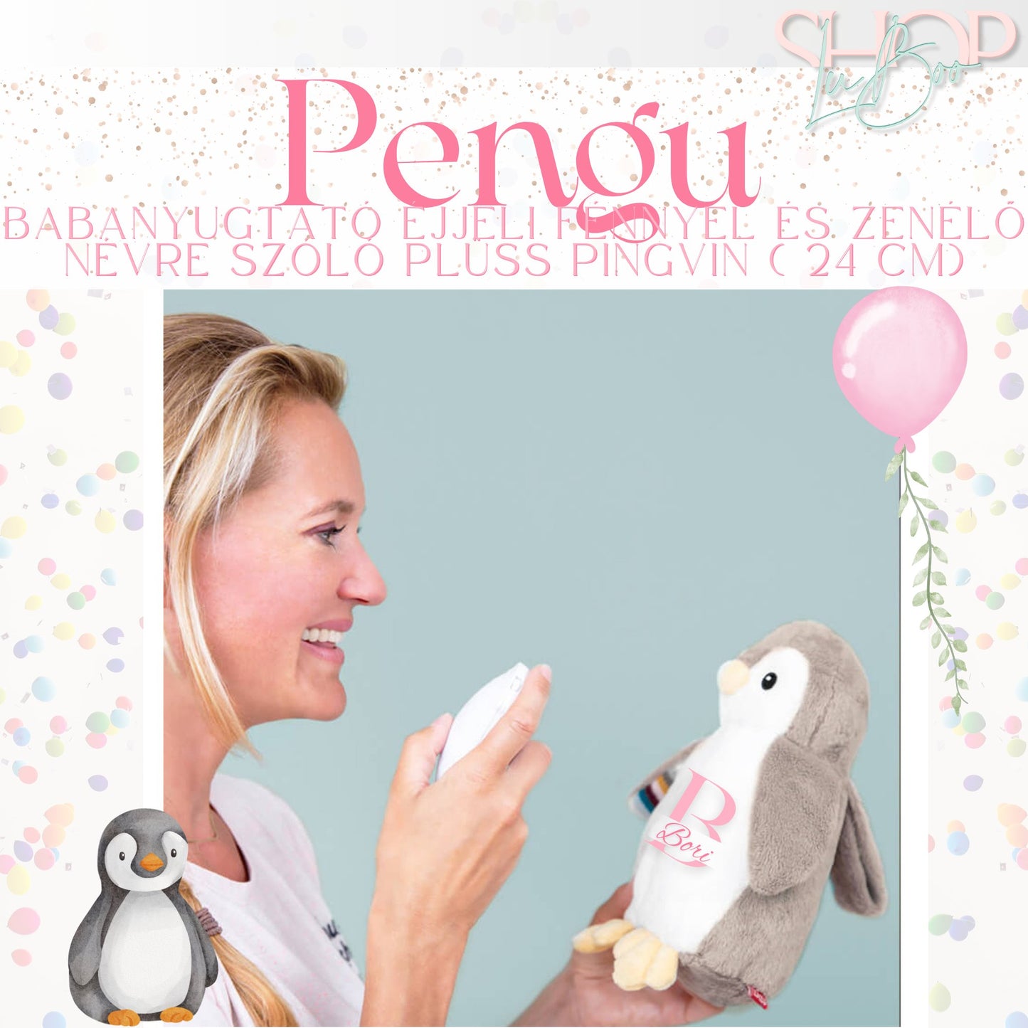 Pengu - Babanyugtató éjjeli fénnyel és zenélő névre szóló plüss pingvin (24 cm)
