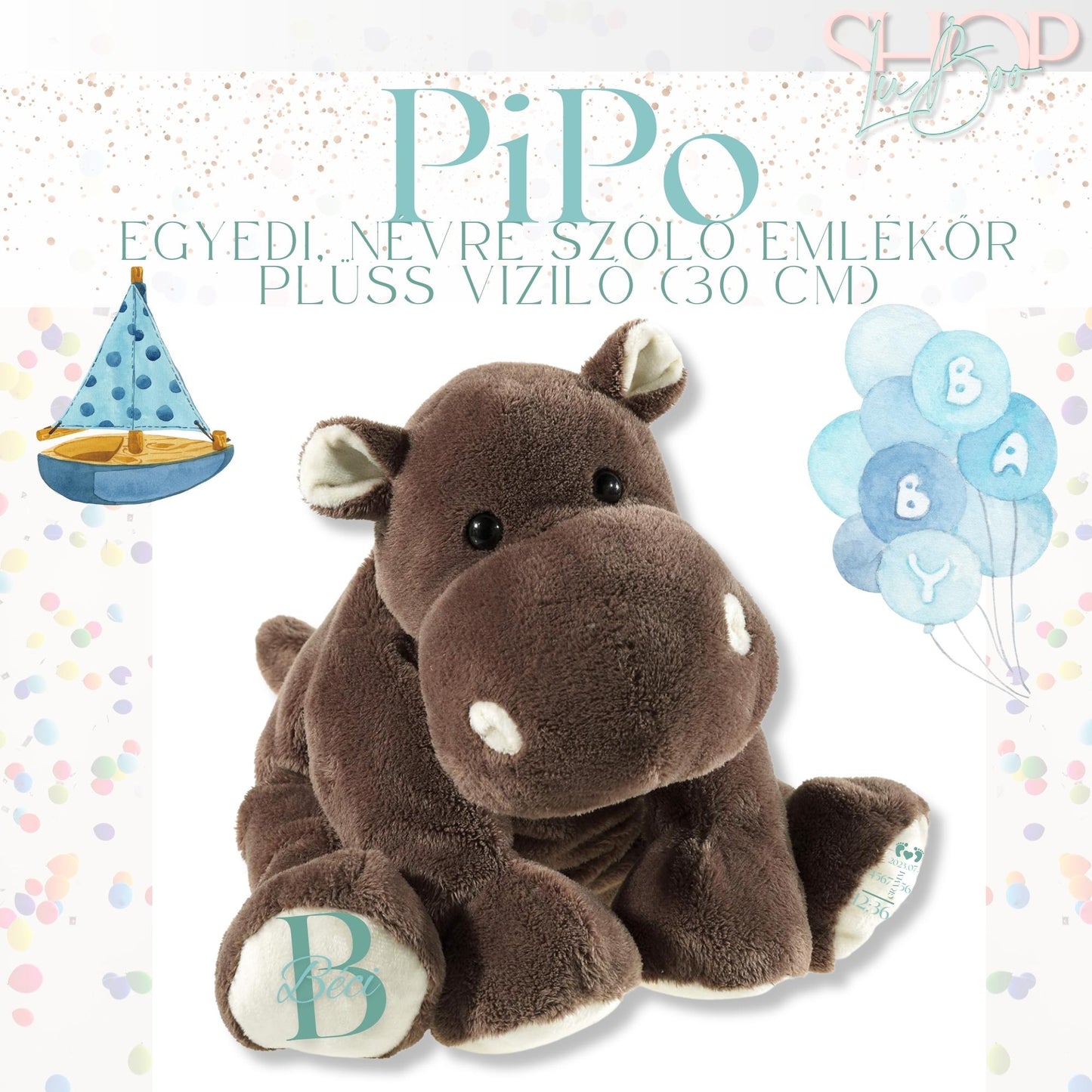 PiPo - Egyedi, névre szóló emlékőr plüss víziló (30 cm) - ShopLuBoo