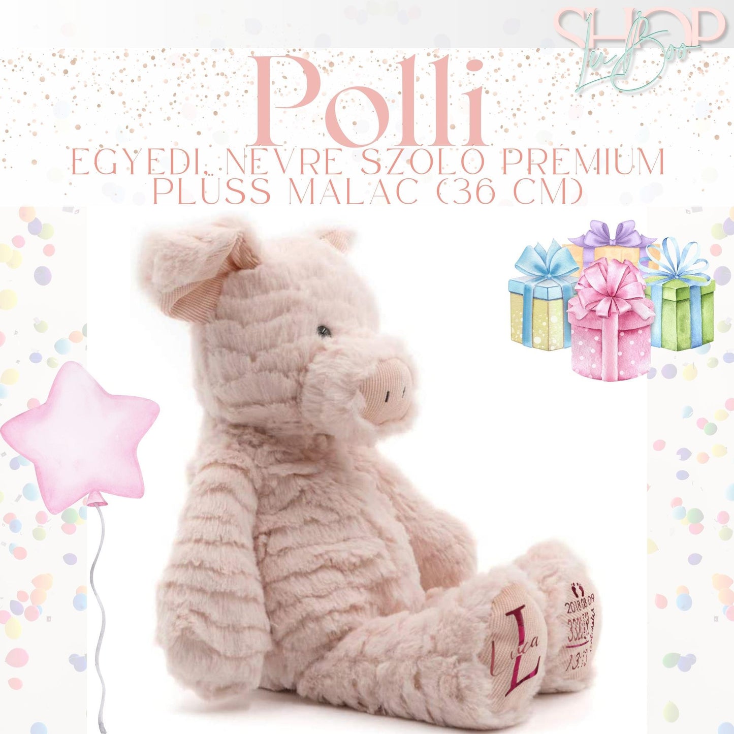 Polli - Egyedi, névre szóló prémium plüss malac (36 cm) - ShopLuBoo