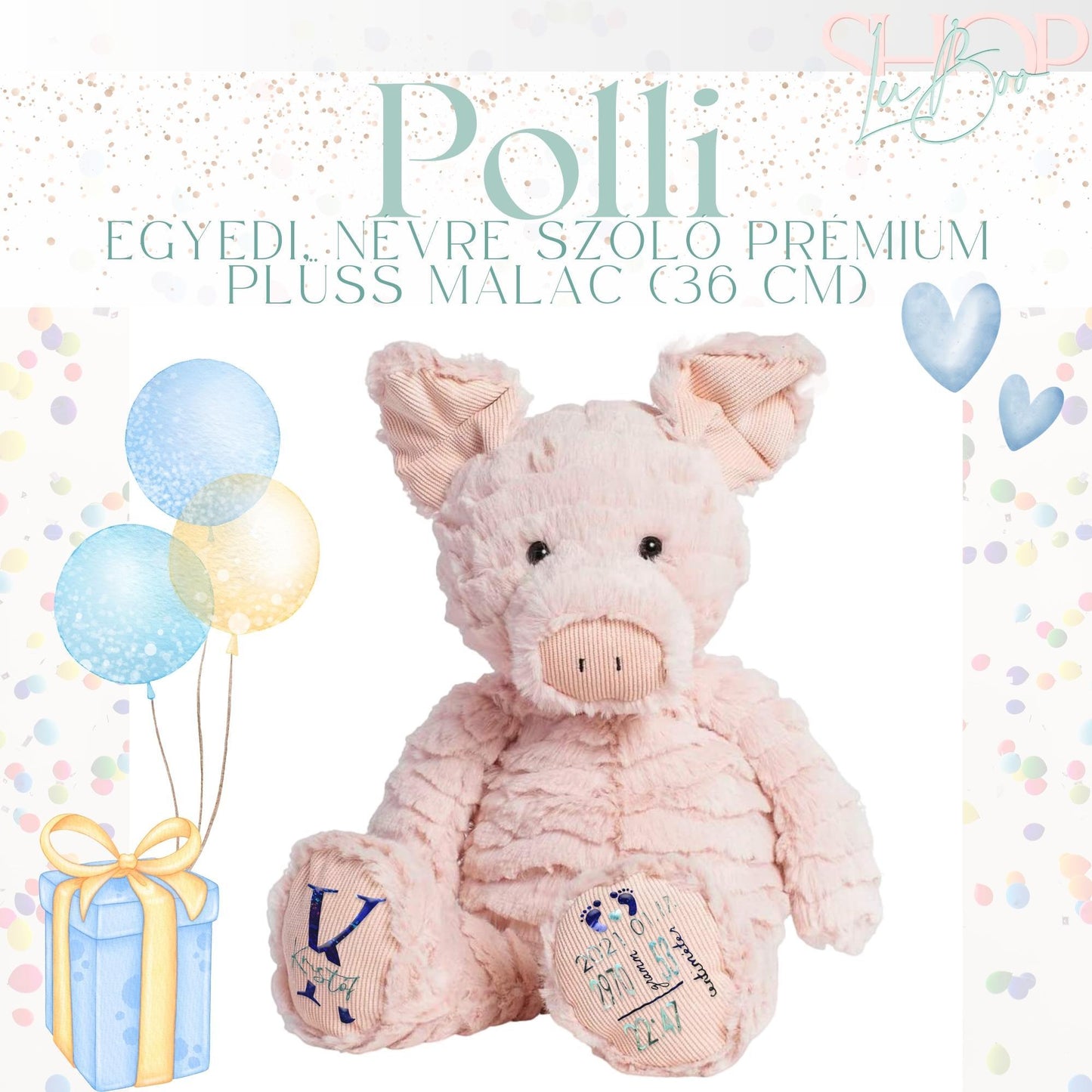 Polli - Egyedi, névre szóló prémium plüss malac (36 cm) - ShopLuBoo