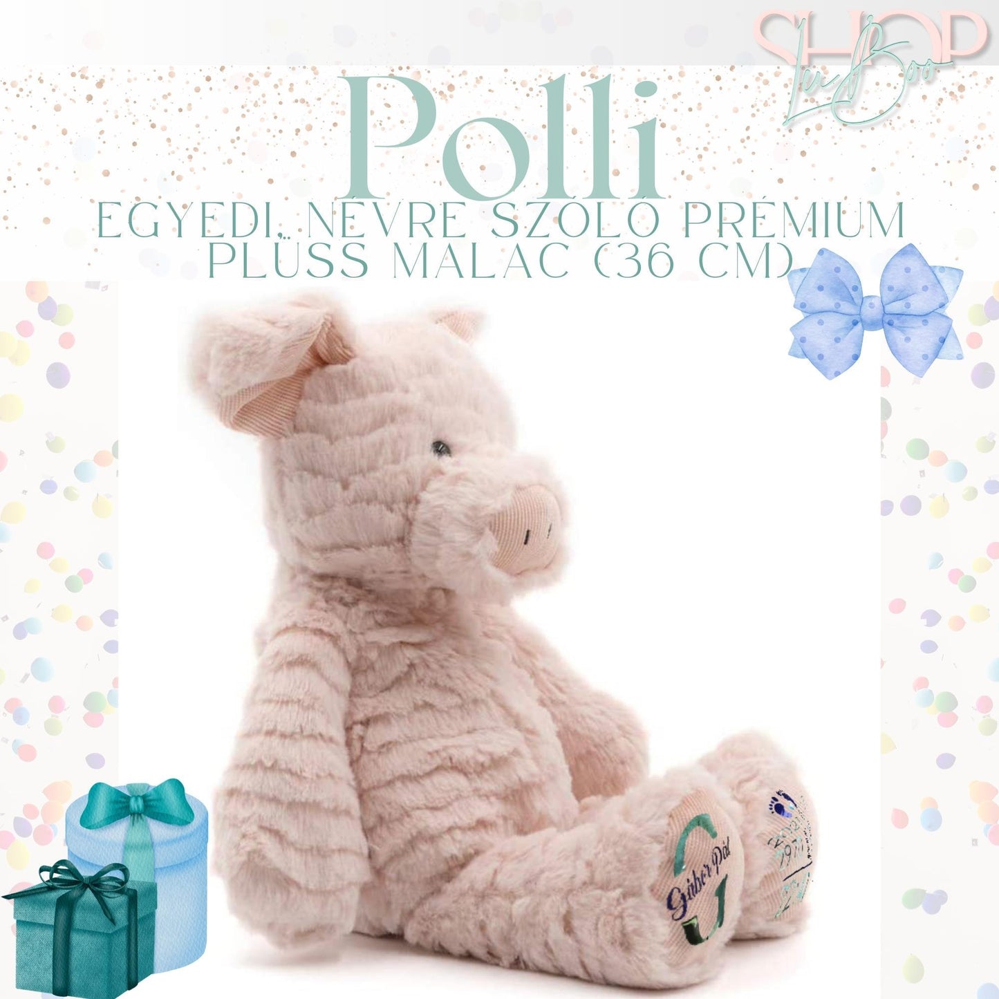 Polli - Egyedi, névre szóló prémium plüss malac (36 cm) - ShopLuBoo