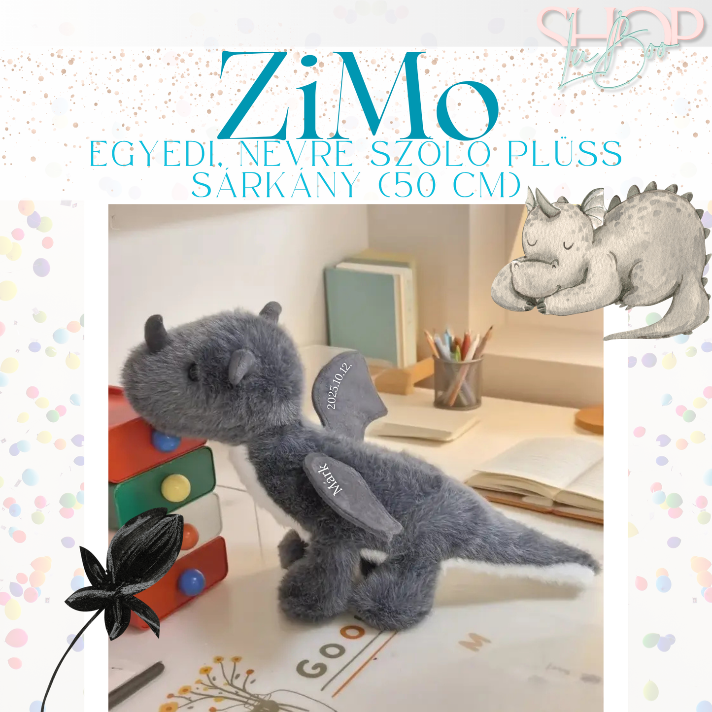 ZiMo - Egyedi, névre szóló plüss sárkány (50 cm)