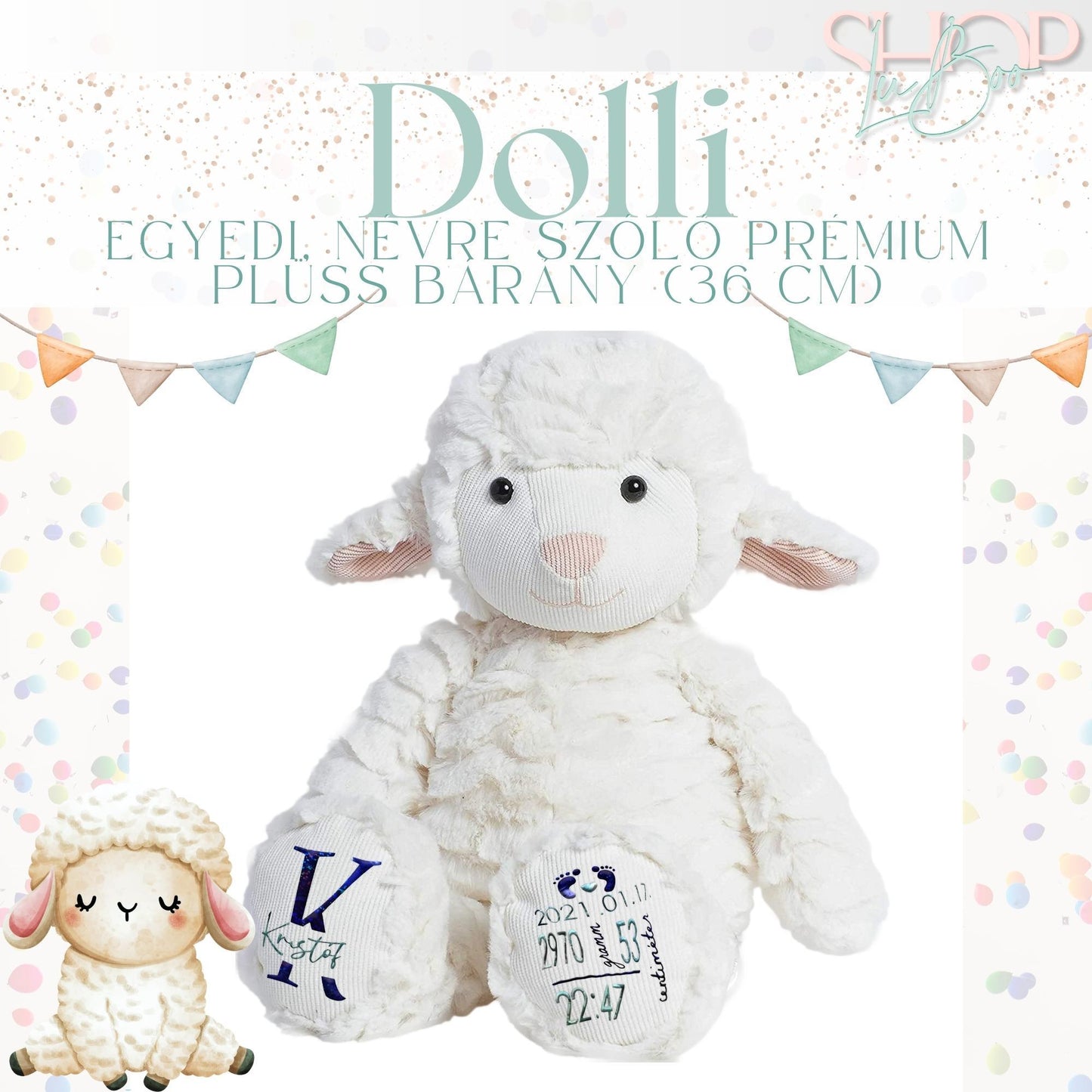 Dolli - Egyedi, névre szóló prémium plüss bárány (36 cm) - ShopLuBoo