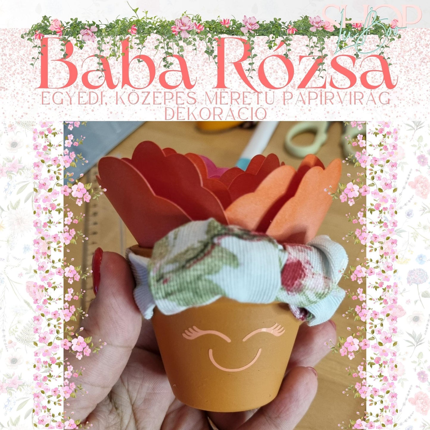 Baba Rózsa - Egyedi, közepes méretű papírvirág dekoráció (7 cm) - ShopLuBoo