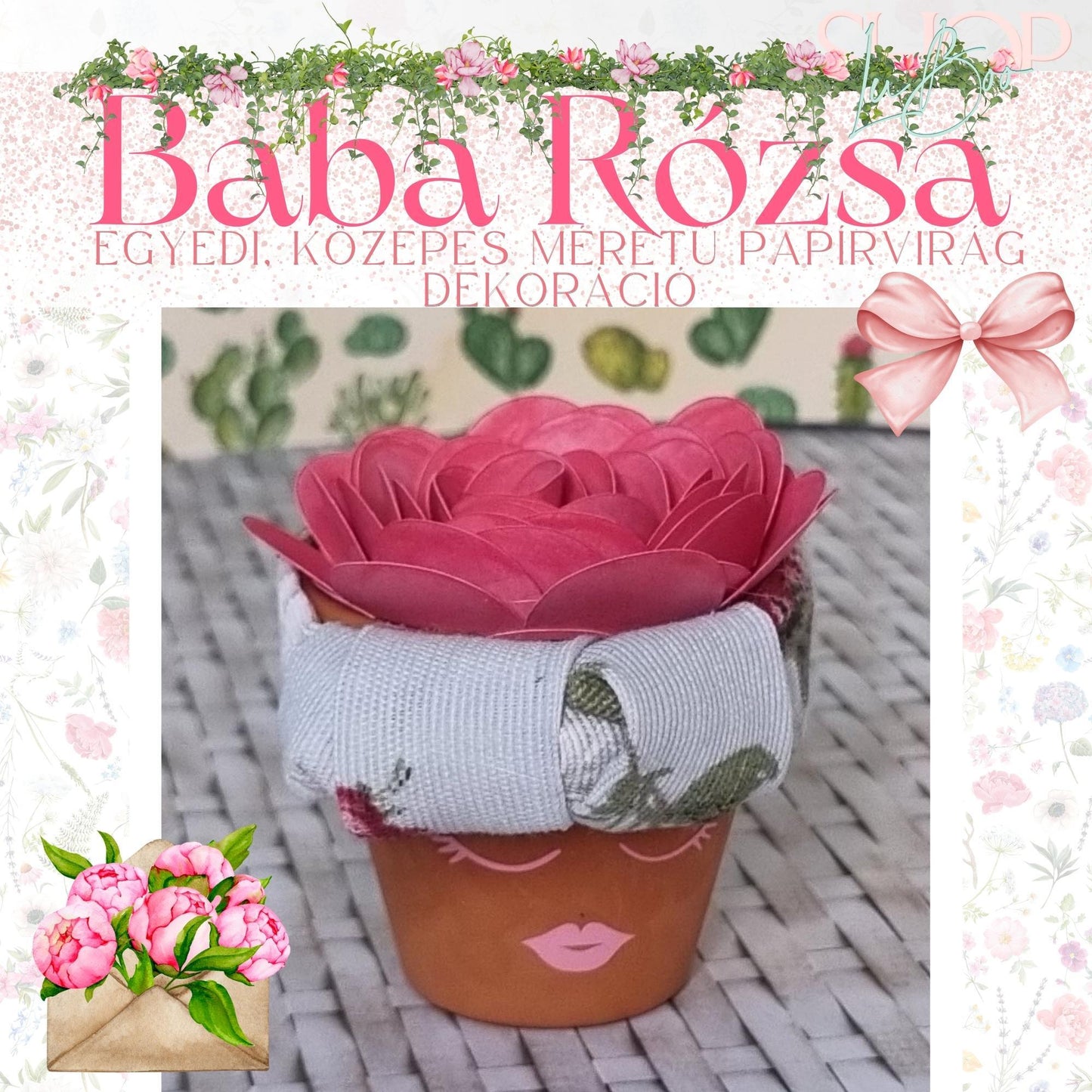 Baba Rózsa - Egyedi, közepes méretű papírvirág dekoráció (7 cm) - ShopLuBoo