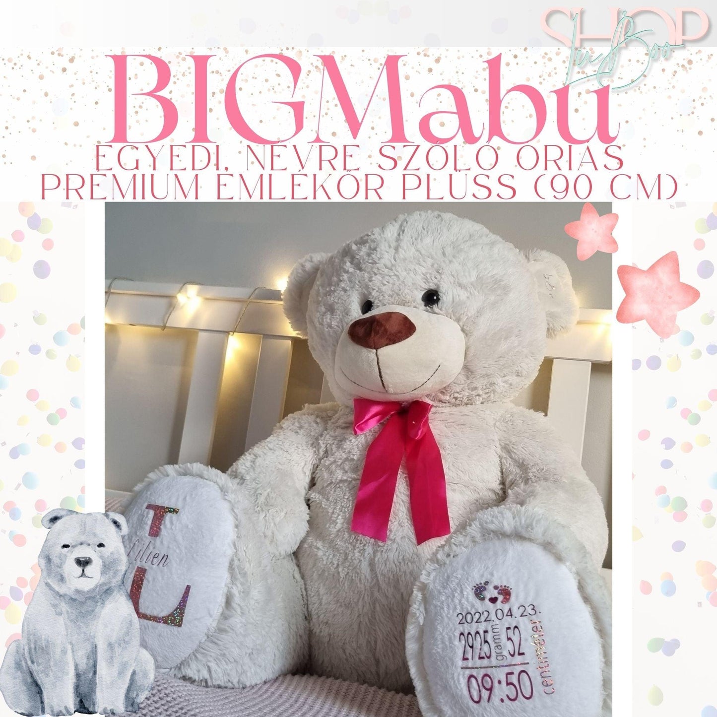 BIGMaBu - Egyedi, névre szóló óriás prémium emlékőr plüss (90 cm) - ShopLuBoo