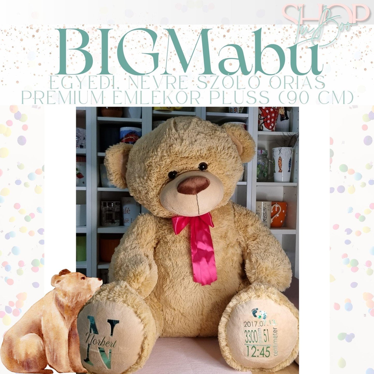 BIGMaBu - Egyedi, névre szóló óriás prémium emlékőr plüss (90 cm) - ShopLuBoo