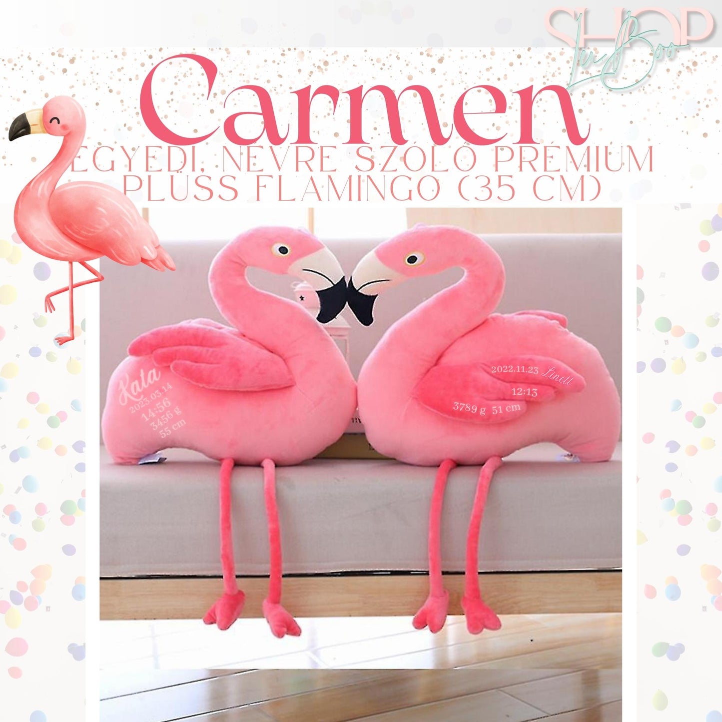 Carmen - Egyedi, névre szóló prémium plüss flamingo (35 cm) - ShopLuBoo