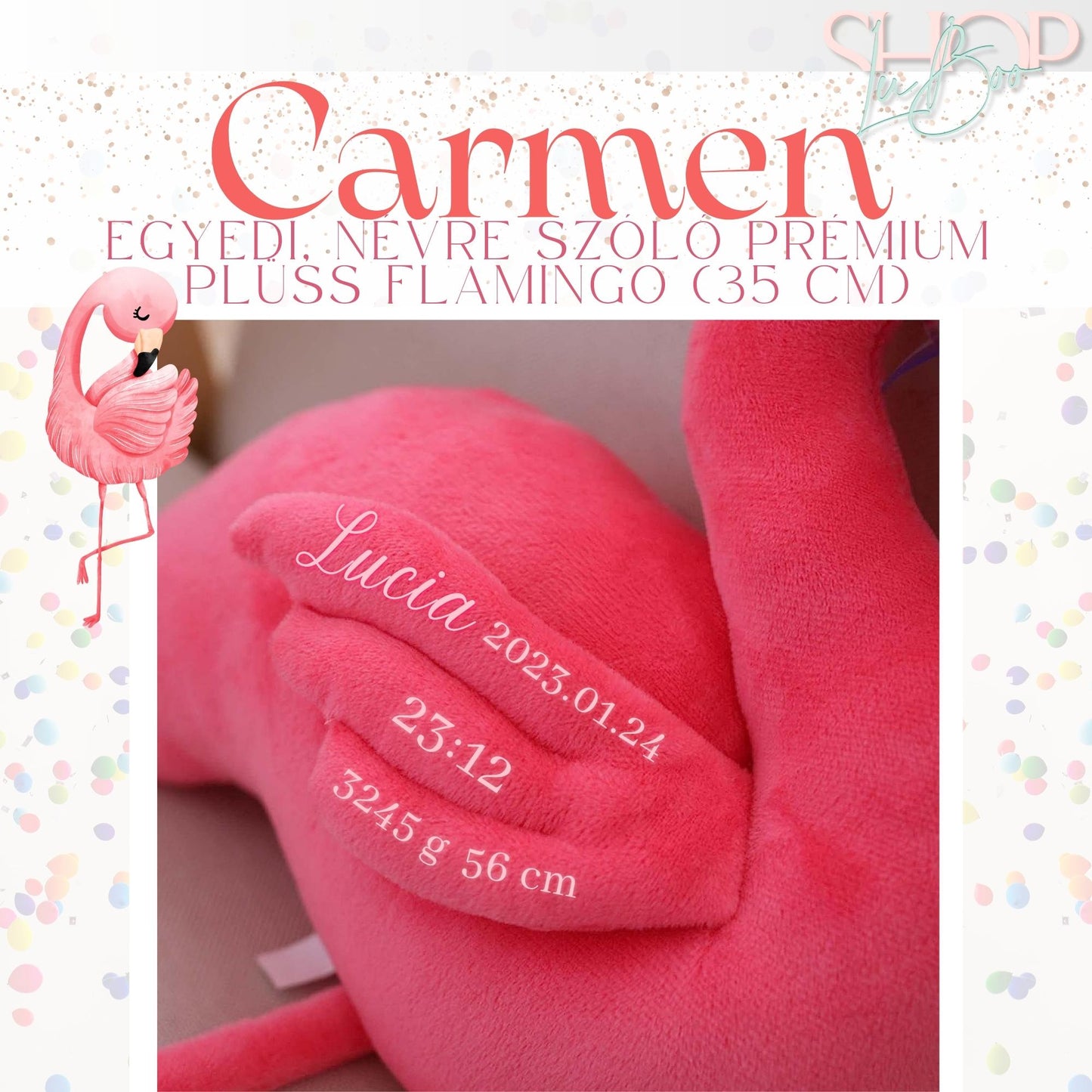 Carmen - Egyedi, névre szóló prémium plüss flamingo (35 cm) - ShopLuBoo