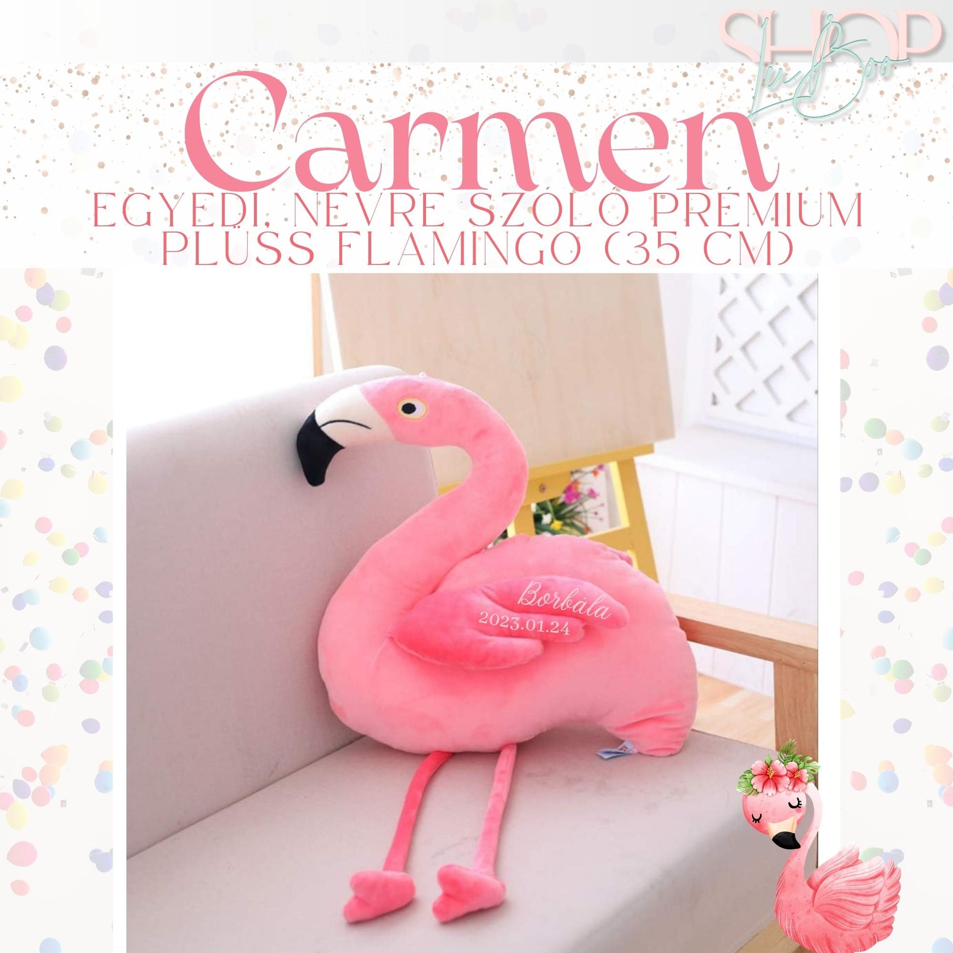 Carmen - Egyedi, névre szóló prémium plüss flamingo (35 cm) - ShopLuBoo