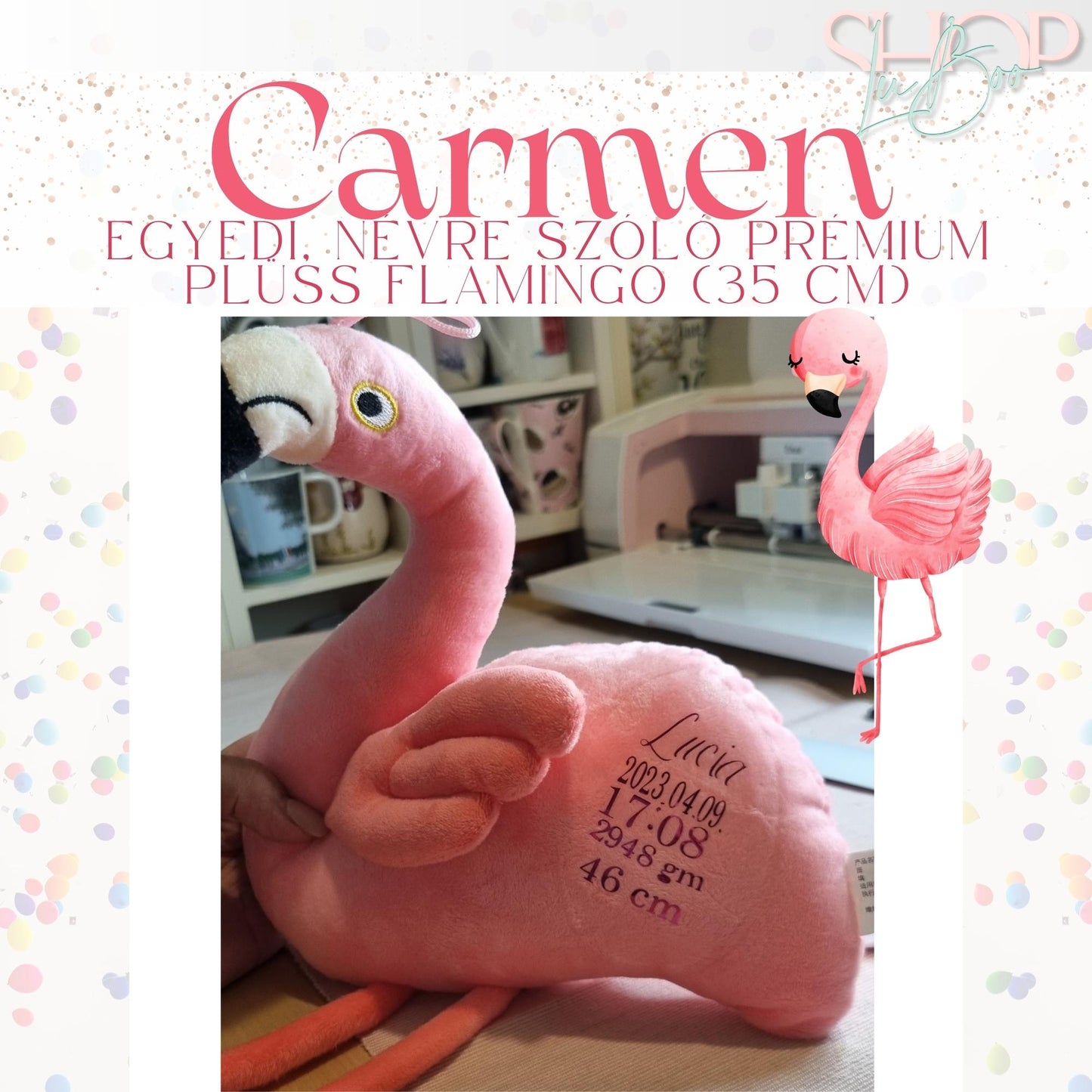 Carmen - Egyedi, névre szóló prémium plüss flamingo (35 cm) - ShopLuBoo