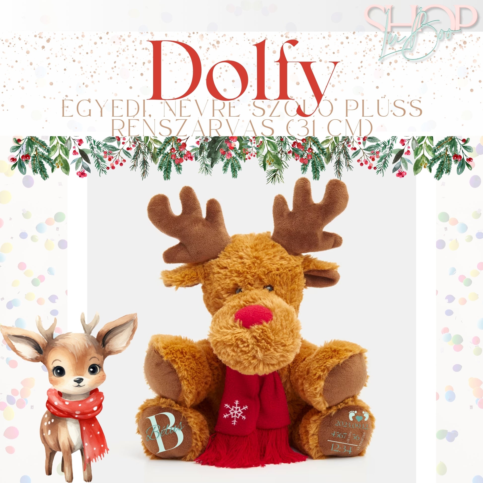 Dolfy - Egyedi, névre szóló plüss rénszarvas (31 cm) - ShopLuBoo