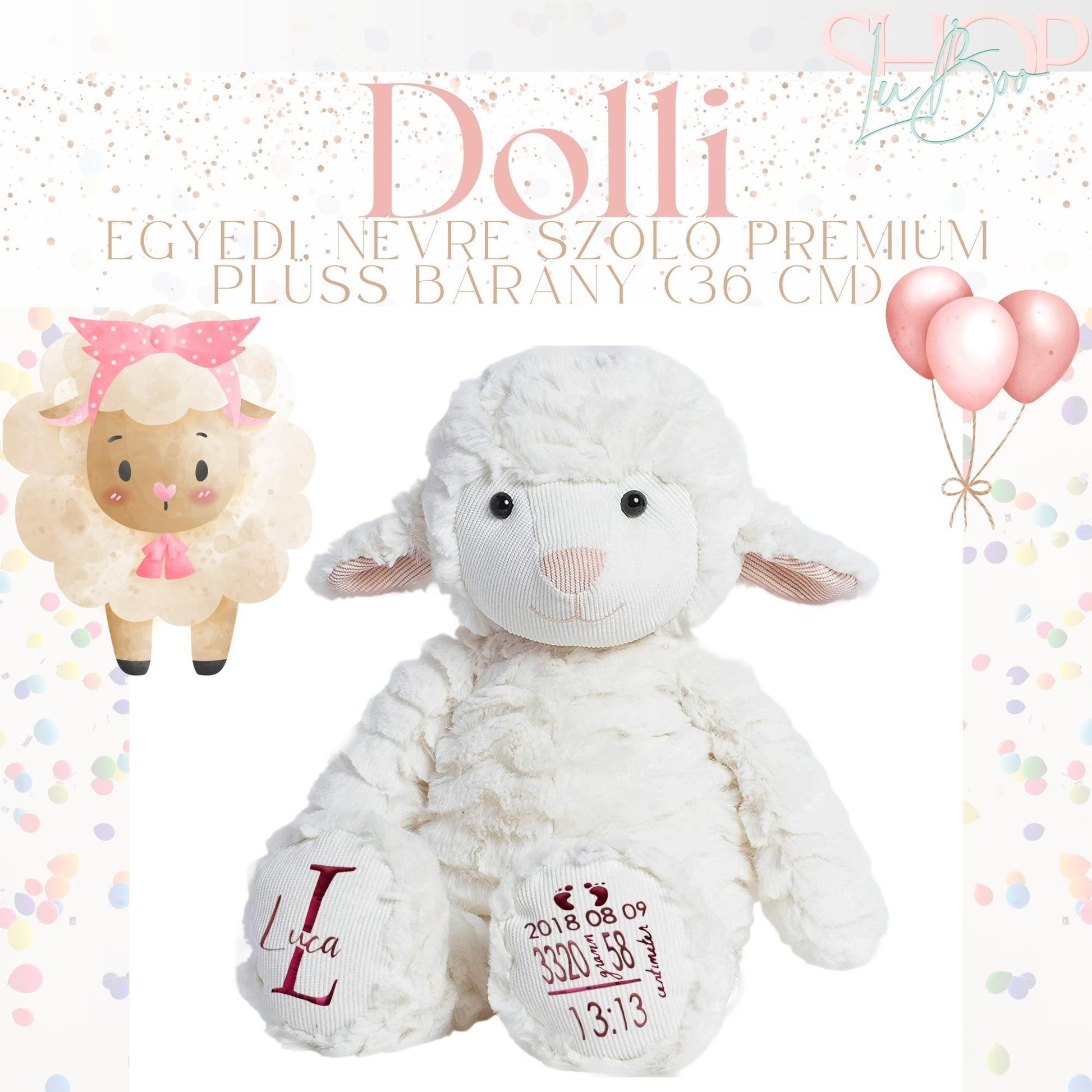 Dolli - Egyedi, névre szóló prémium plüss bárány (36 cm) - ShopLuBoo