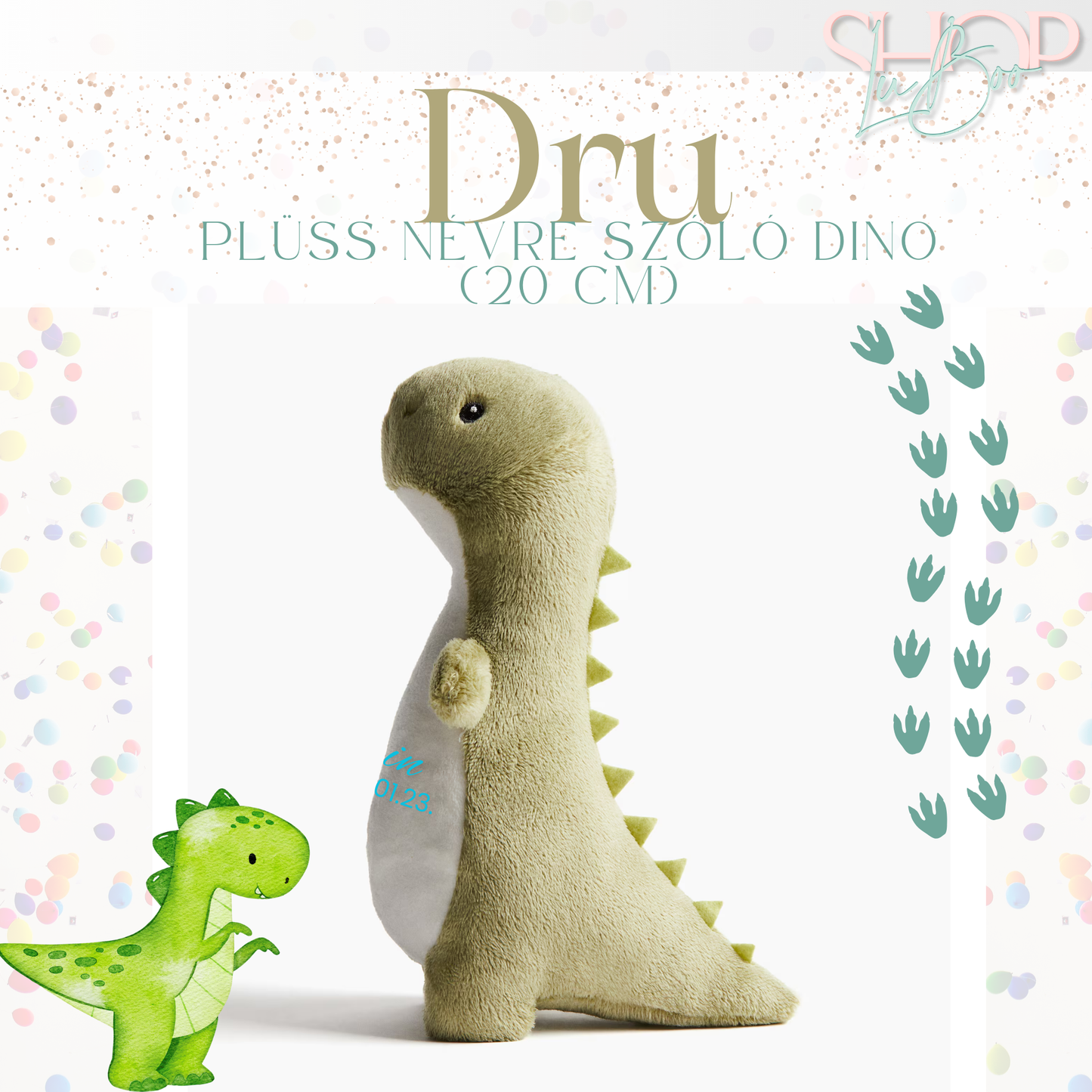 Dru - Személyre szabott plüss dinoszaurusz emlékőr (20 cm)