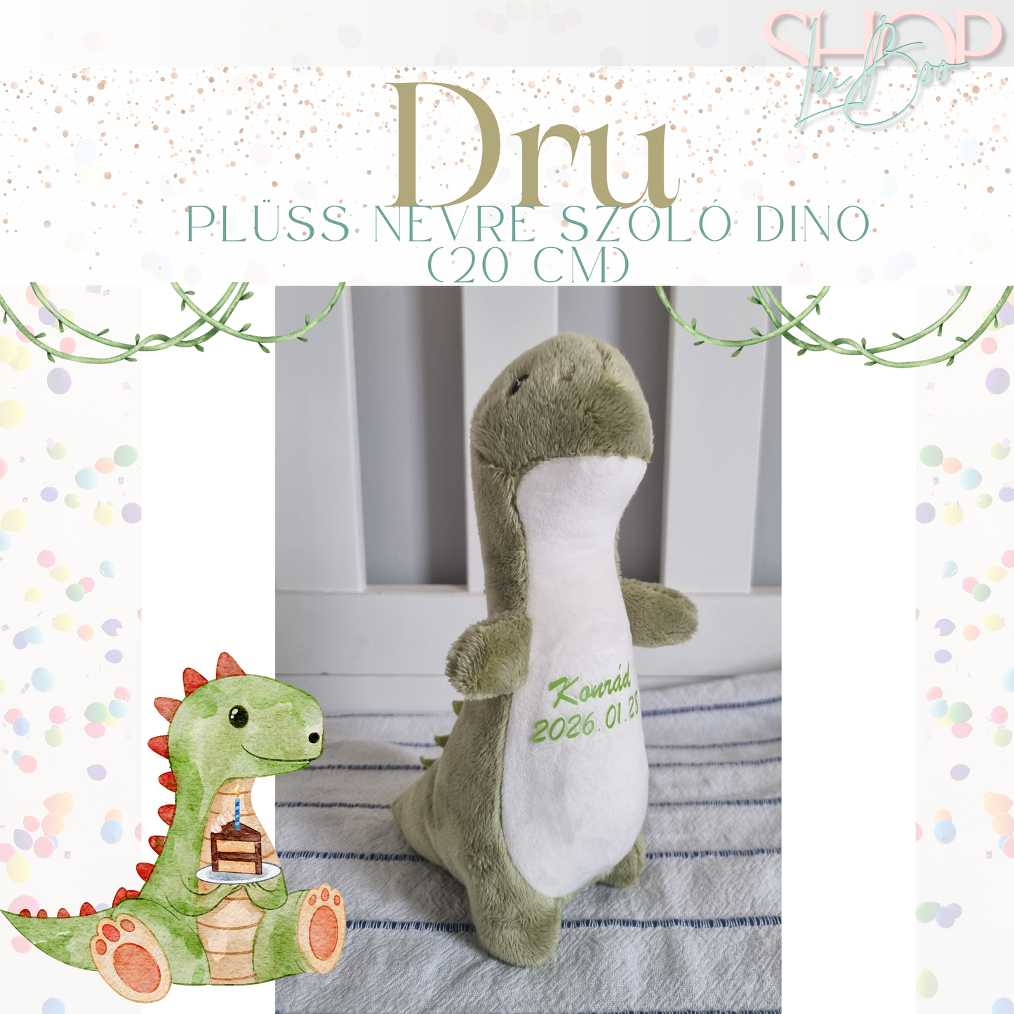 Dru - Személyre szabott plüss dinoszaurusz emlékőr (20 cm)