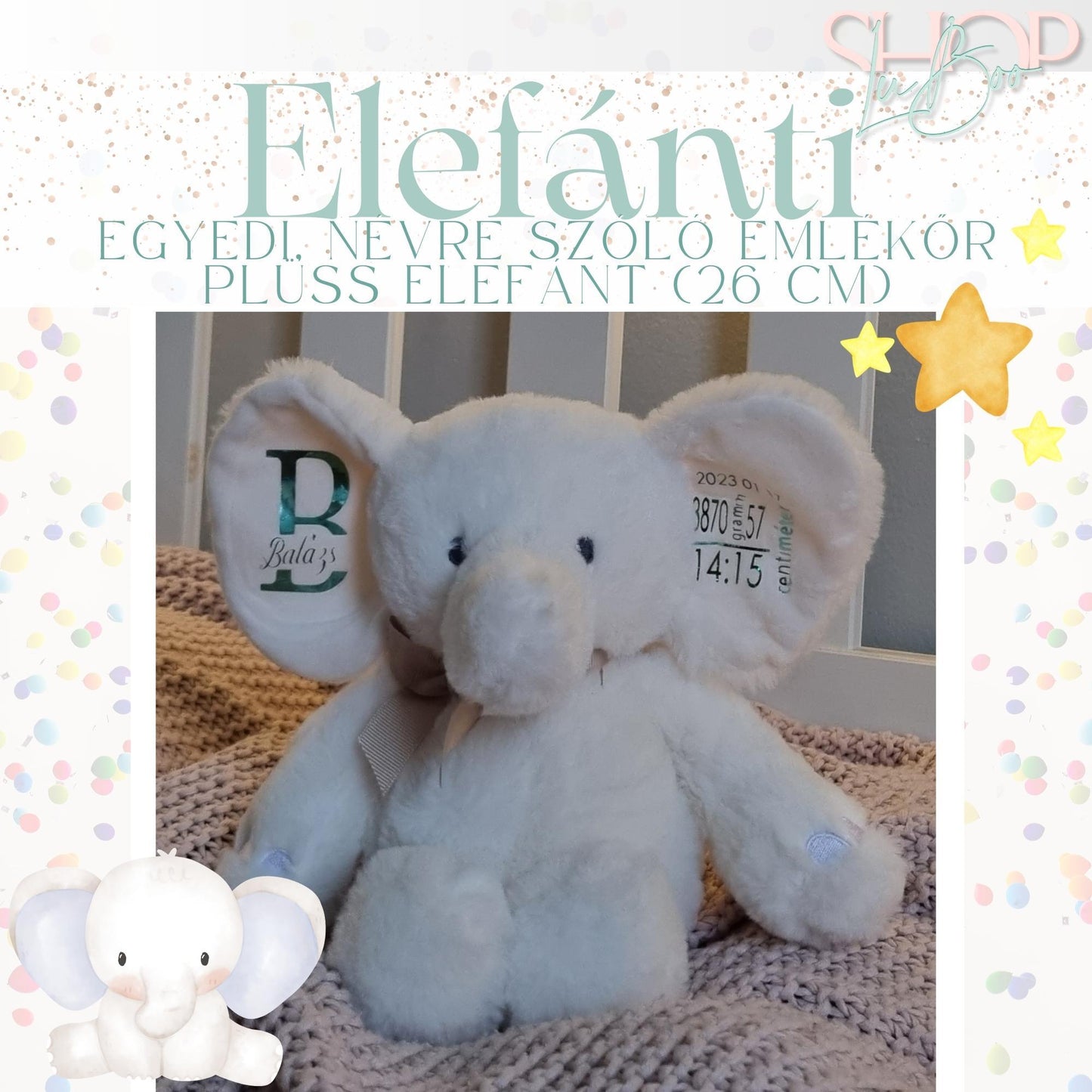 Elefánti - Egyedi, névre szóló emlékőr plüss elefánt (26 cm) - ShopLuBoo