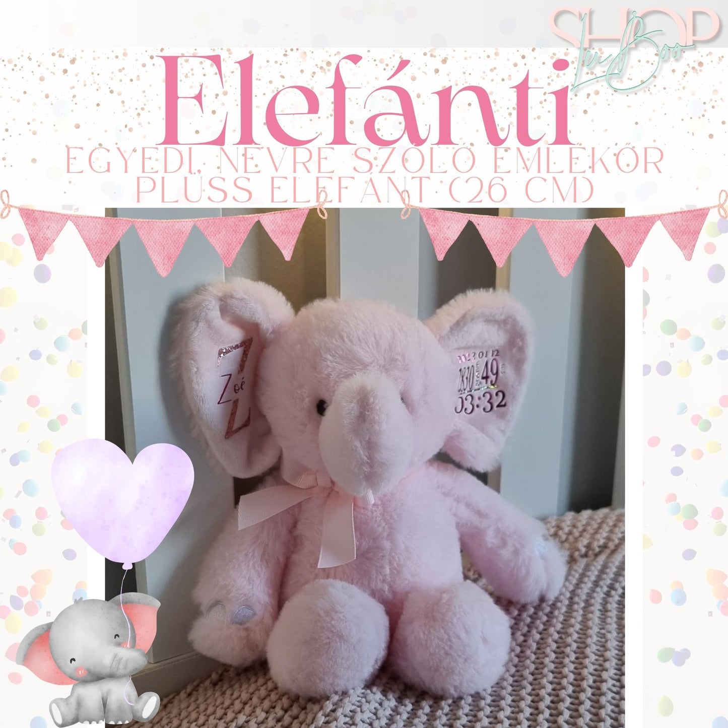 Elefánti - Egyedi, névre szóló emlékőr plüss elefánt (26 cm) - ShopLuBoo