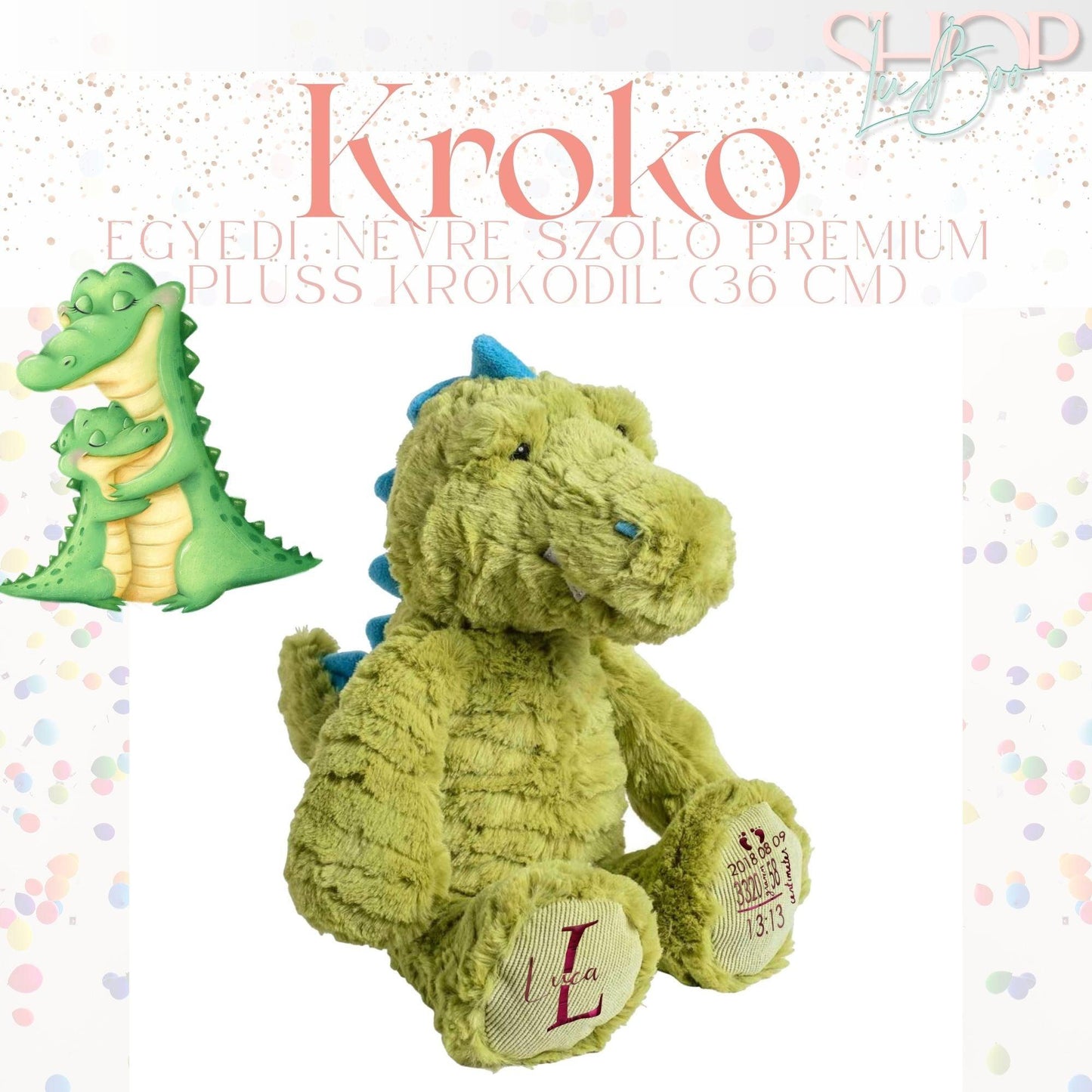 Kroko- Egyedi, névre szóló prémium plüss krokodil (36 cm) - ShopLuBoo