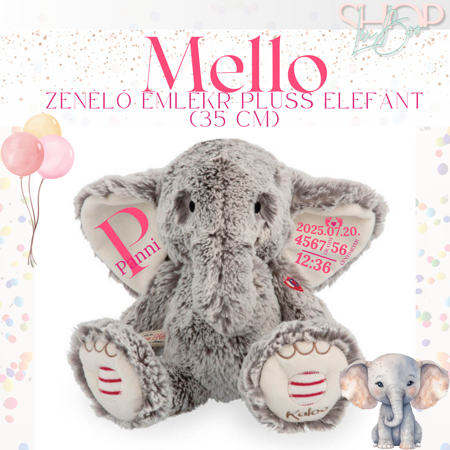 Mello - Zenélő emlékr plüss elefánt (35 cm)