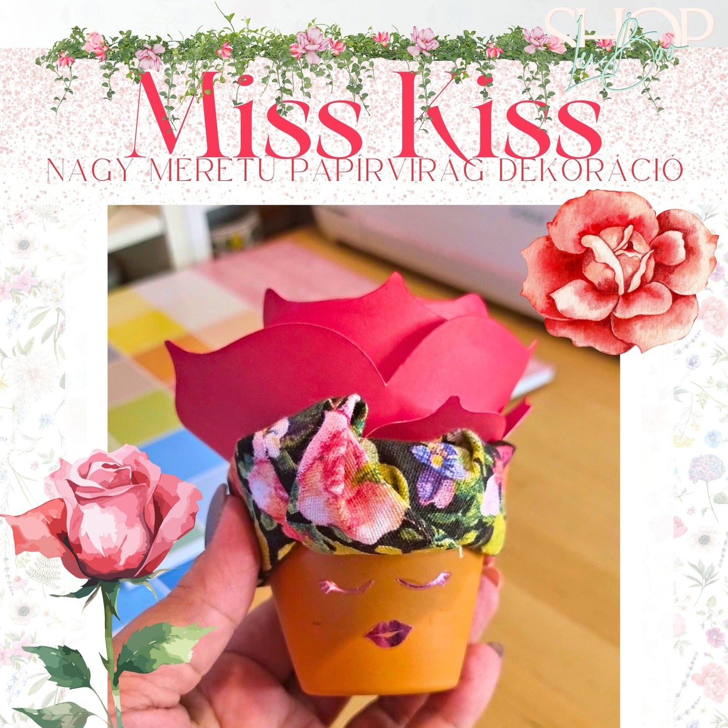 Miss Kiss - Egyedi, nagy méretű papírvirág dekoráció (9 cm) - ShopLuBoo