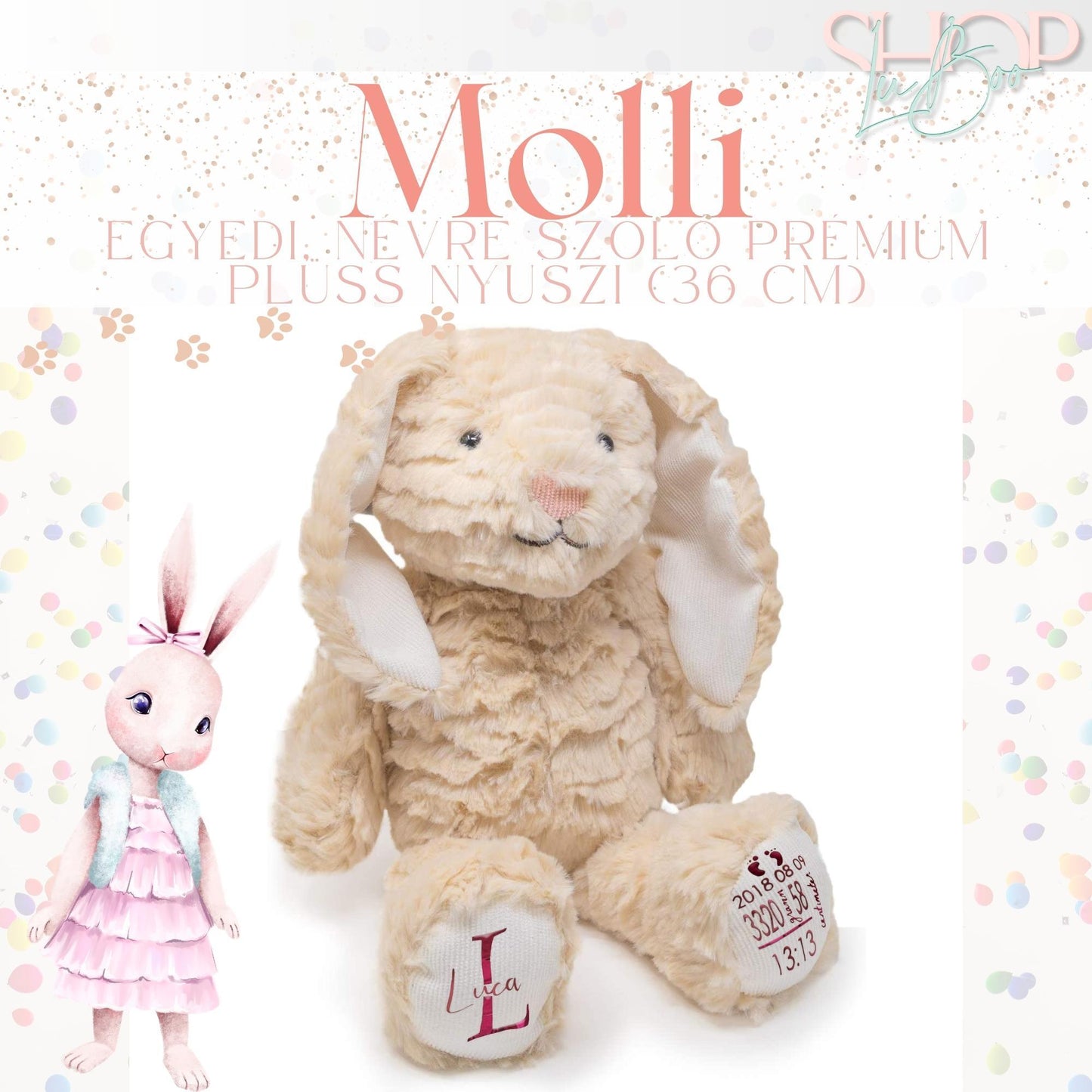 Molli - Egyedi, névre szóló prémium plüss nyuszi (36 cm) - ShopLuBoo