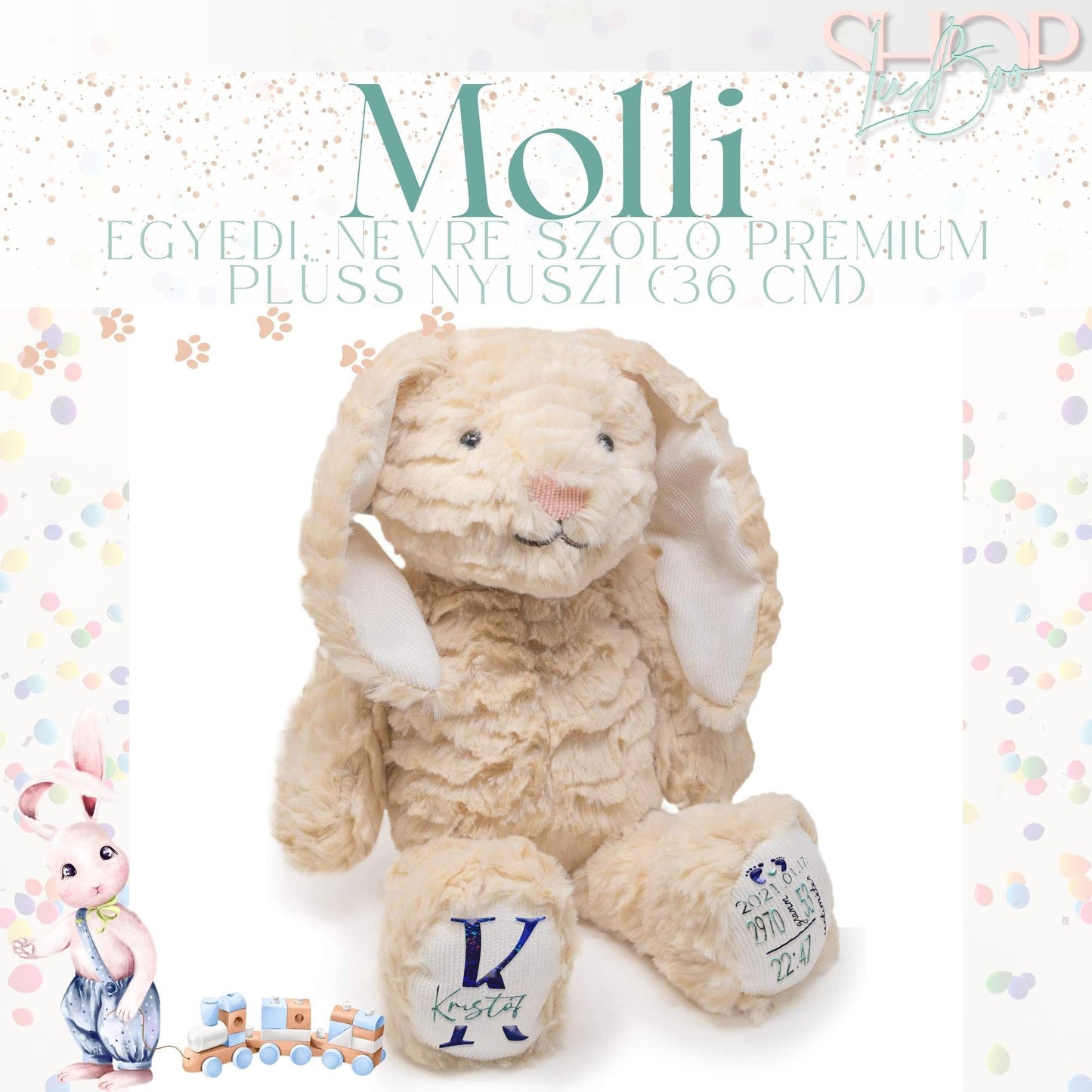 Molli - Egyedi, névre szóló prémium plüss nyuszi (36 cm) - ShopLuBoo