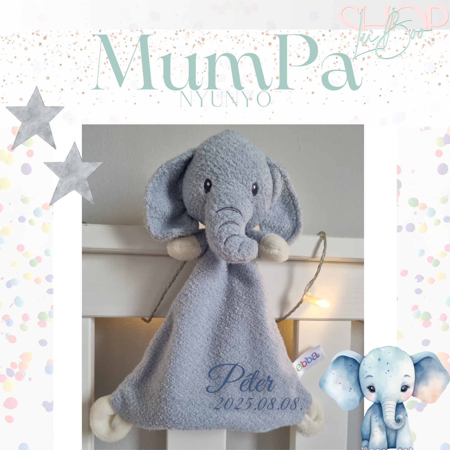 MumPa névre szóló elefánt nyúnyó (26 cm)