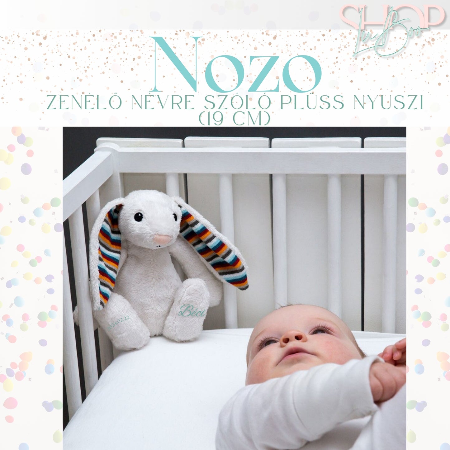 Nozo - Zenélő névre szóló plüss nyuszi (19 cm)