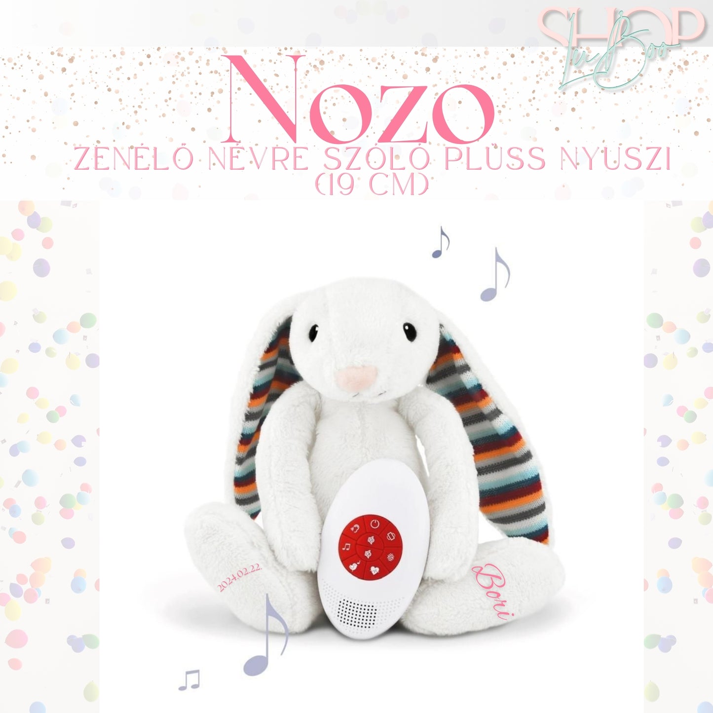 Nozo - Zenélő névre szóló plüss nyuszi (19 cm)