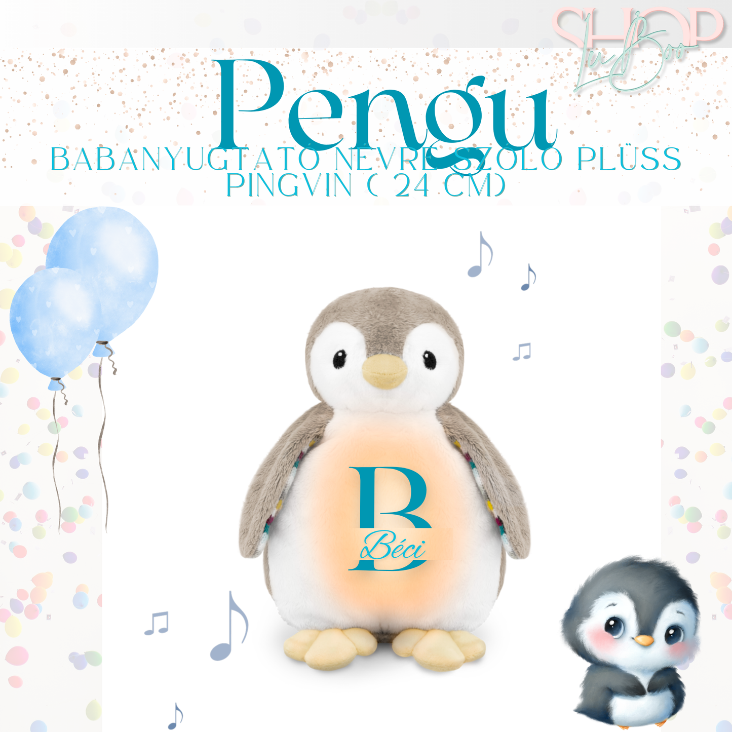 Pengu - Babanyugtató éjjeli fénnyel és zenélő névre szóló plüss pingvin (24 cm)