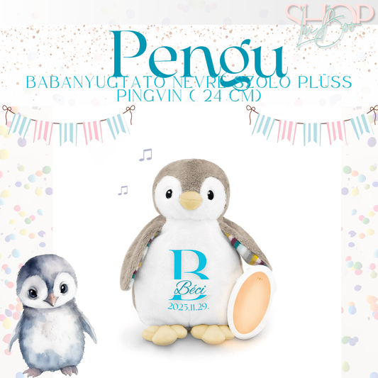 Pengu - Babanyugtató éjjeli fénnyel és zenélő névre szóló plüss pingvin (24 cm)
