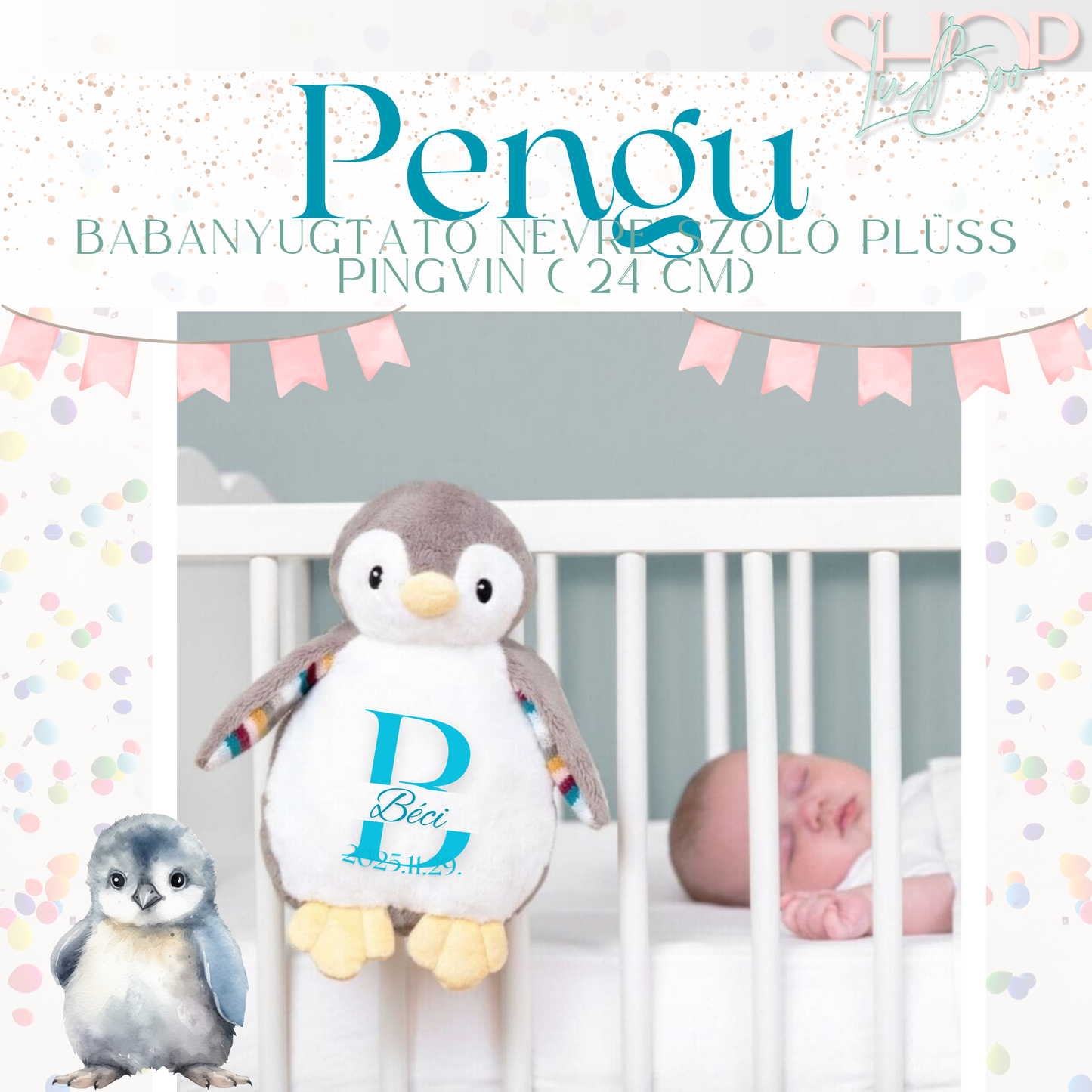 Pengu - Babanyugtató éjjeli fénnyel és zenélő névre szóló plüss pingvin (24 cm)