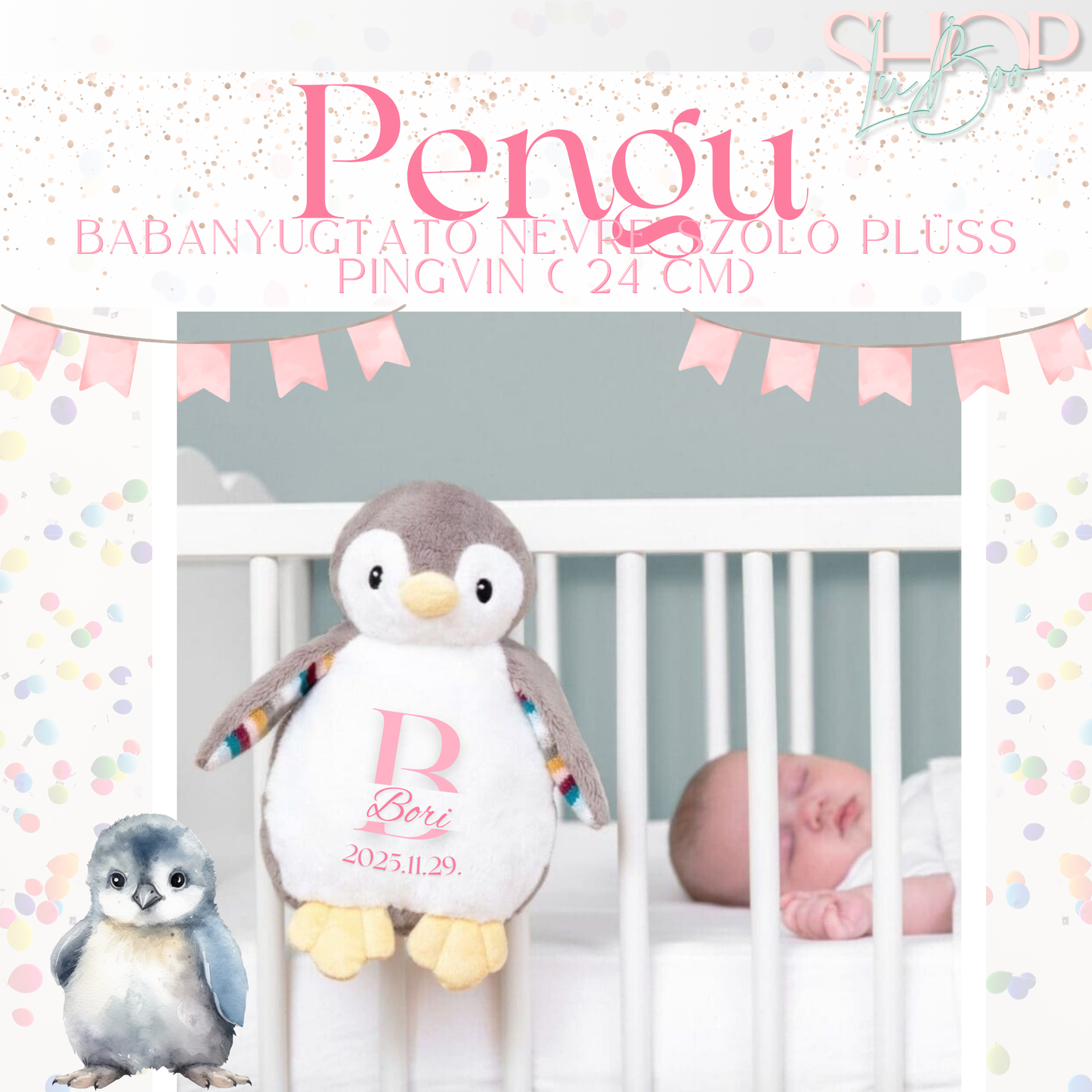 Pengu - Babanyugtató éjjeli fénnyel és zenélő névre szóló plüss pingvin (24 cm)