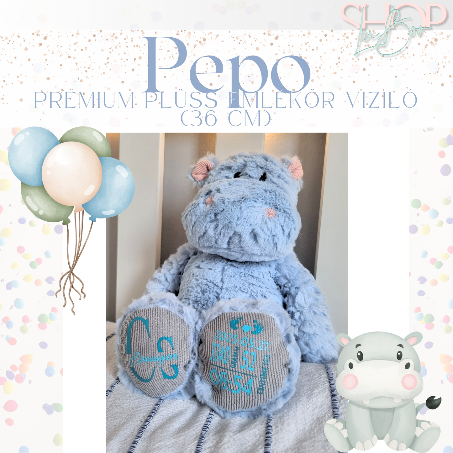 PePo - Prémium plüss emlékőr viziló (36 cm)