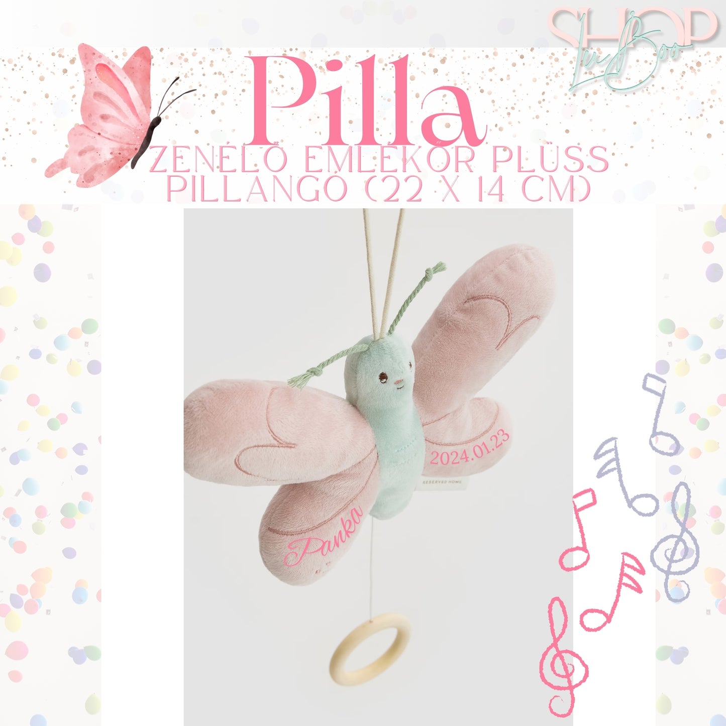 Pilla - Zenélő emlékőr plüss pillangó (22x14 cm)